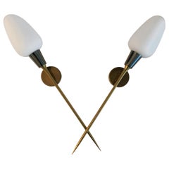 Pair of Modernist Sconces attr Maison Arlus in Brass and Opaline Glass, France
