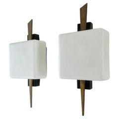 Pair of Modernist Sconces Attr Maison Arlus in Brass and Opaline Glass, France
