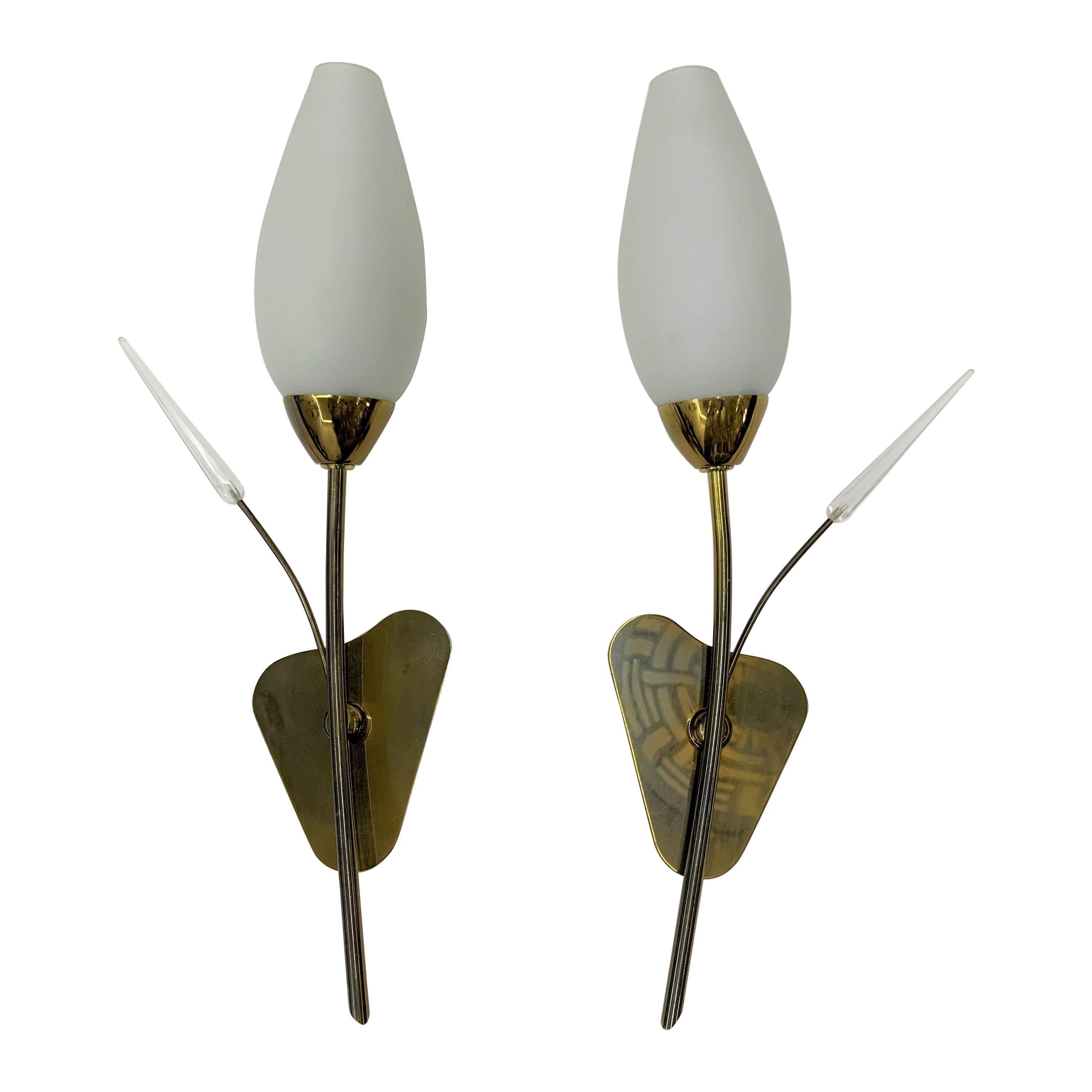 Pair of Modernist Sconces Attributed Maison Arlus in Brass and Opaline Glass