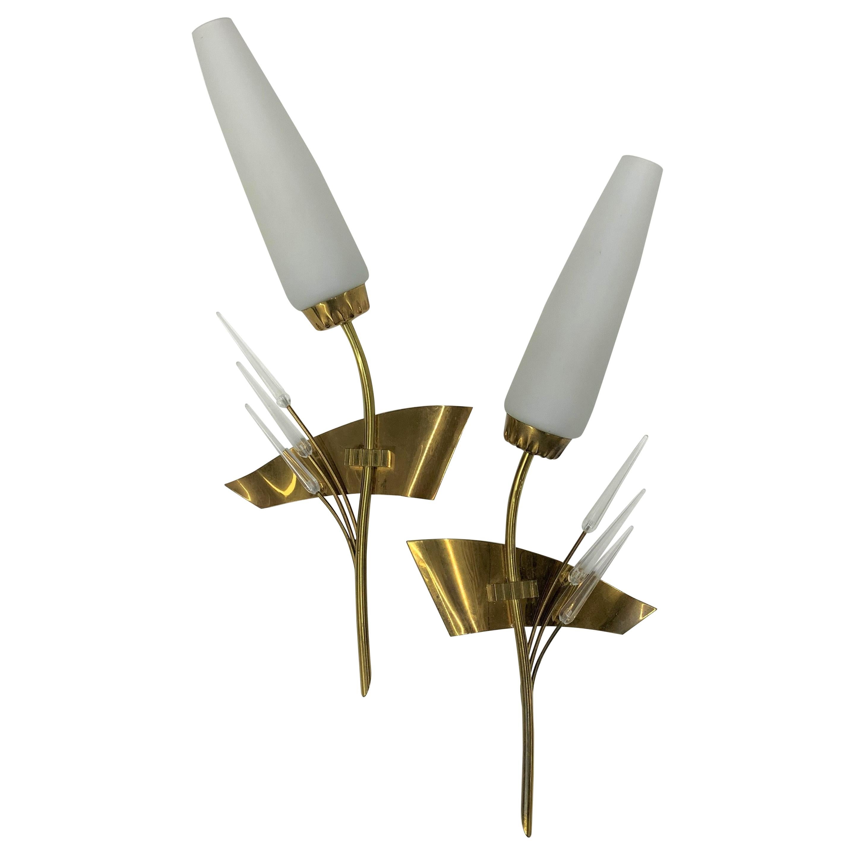 Pair of Modernist Sconces by Maison Arlus in Brass and Opaline Glass, France For Sale