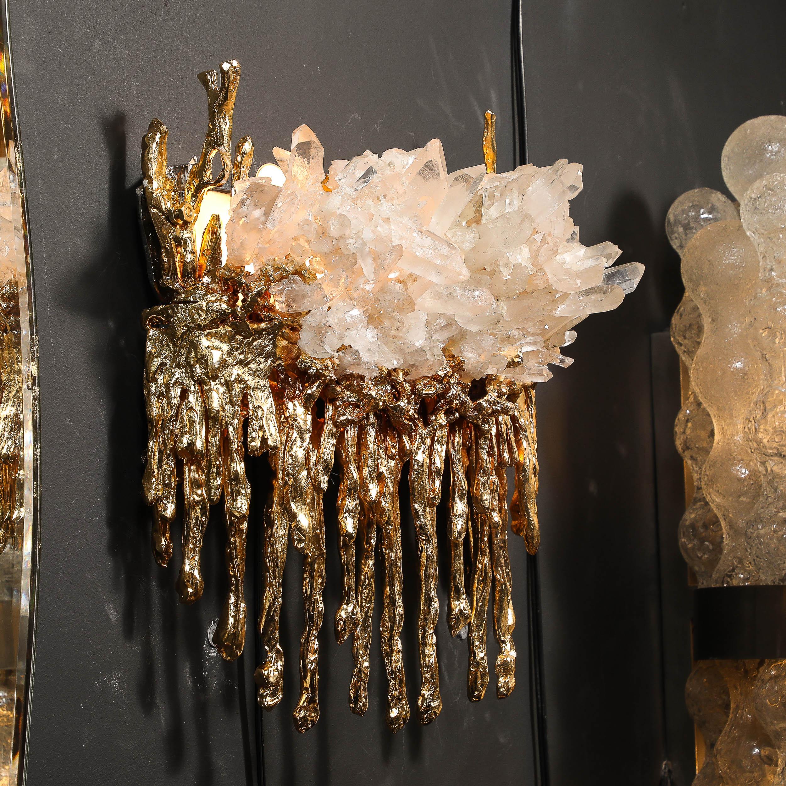 Paire d'appliques modernistes en bronze doré 24 carats et cristal explosé par Claude Boeltz en vente 3