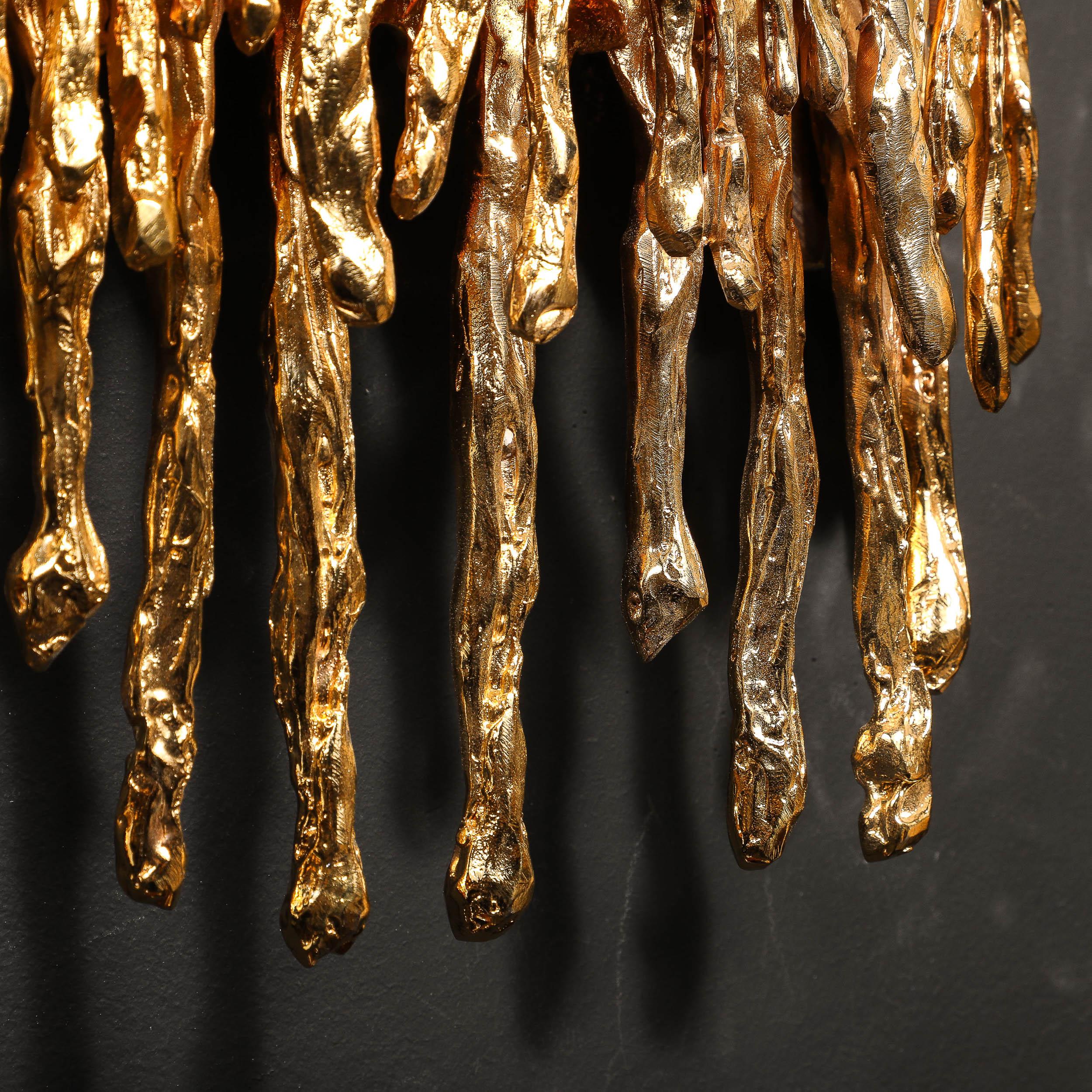 Modernistisches Paar Wandleuchter aus explodierter 24 Karat vergoldeter Bronze und Kristall von Claude Boeltz im Angebot 5