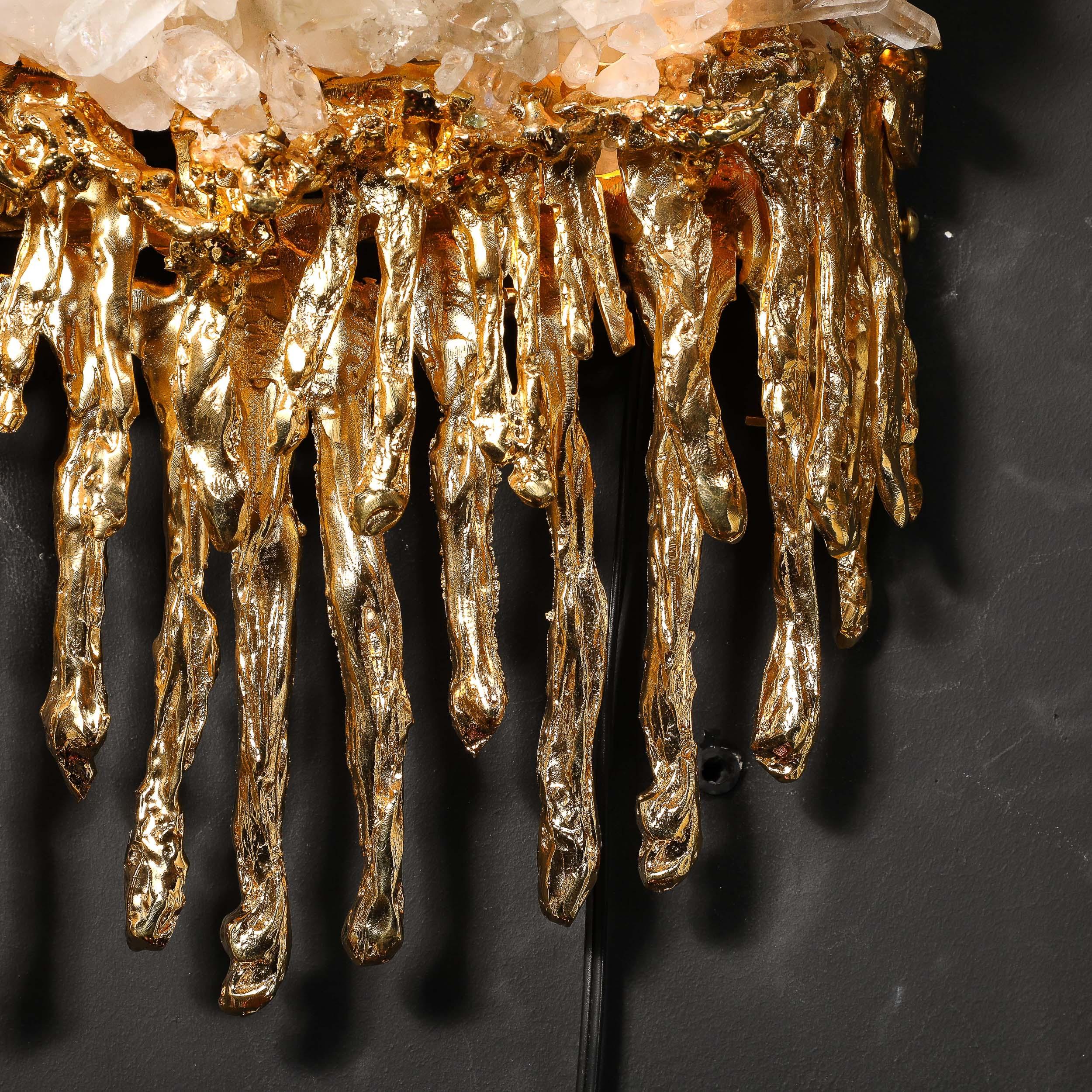 Paire d'appliques modernistes en bronze doré 24 carats et cristal explosé par Claude Boeltz en vente 10