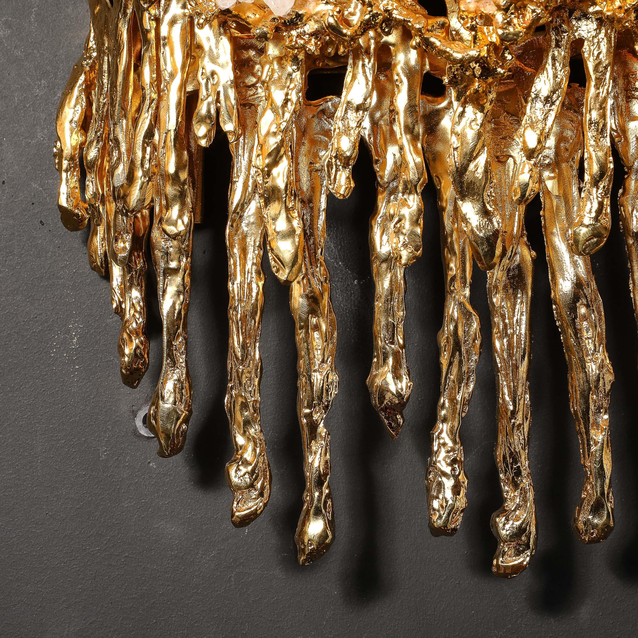 Paire d'appliques modernistes en bronze doré 24 carats et cristal explosé par Claude Boeltz en vente 11