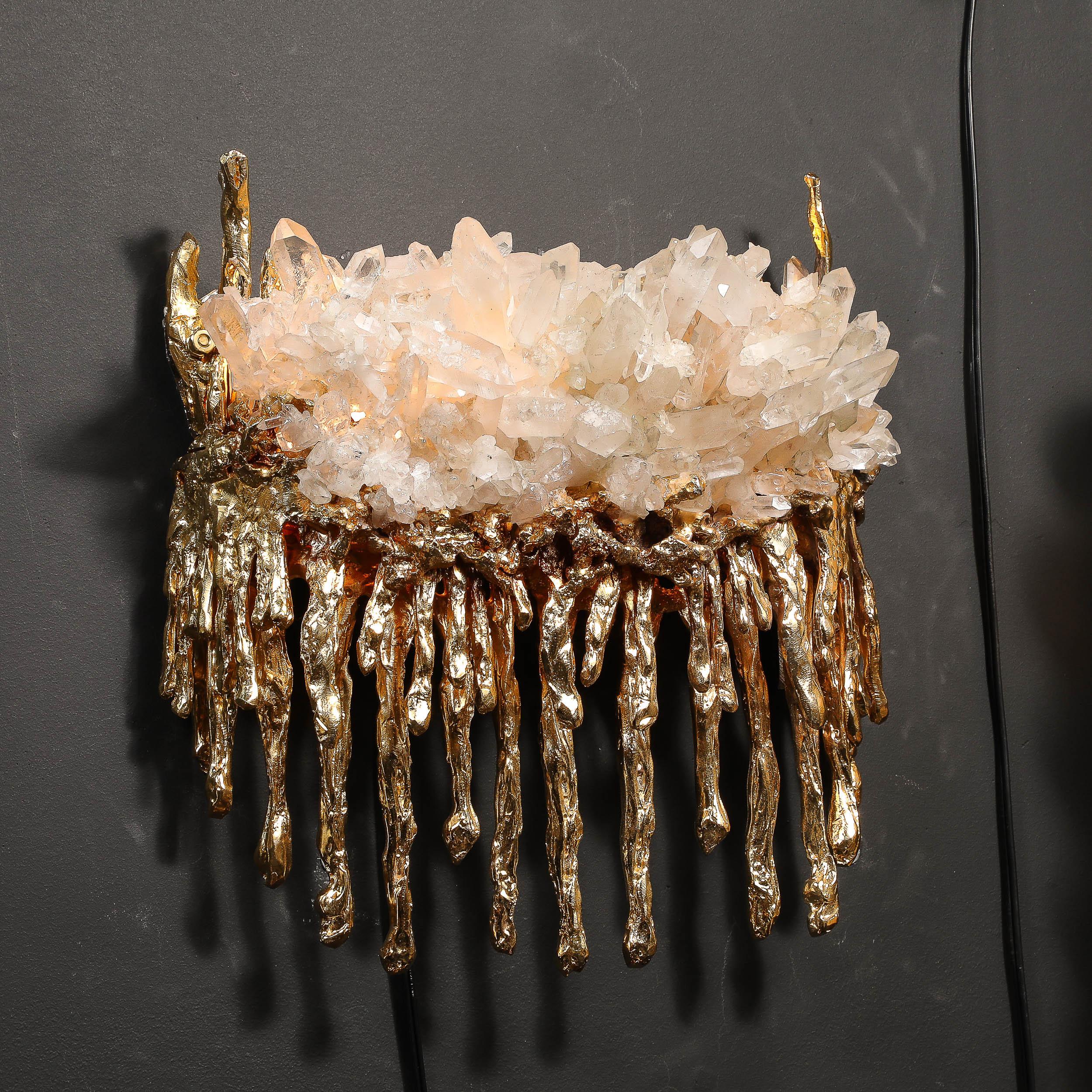 Pair of Modernist Sconces in Exploded 24K Gilt Bronze & Crystal by Claude Boeltz For Sale 2