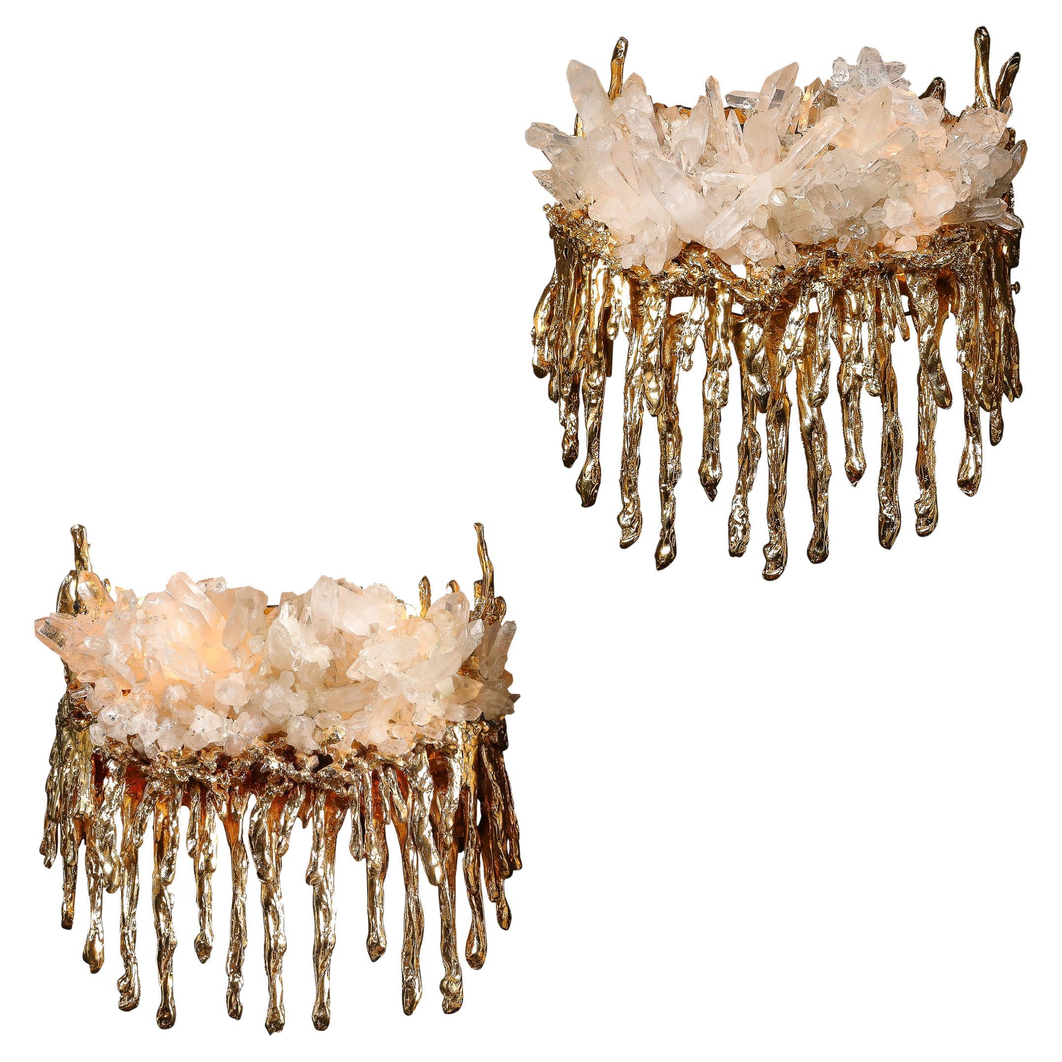 Pair of Modernist Sconces in Exploded 24K Gilt Bronze & Crystal by Claude Boeltz