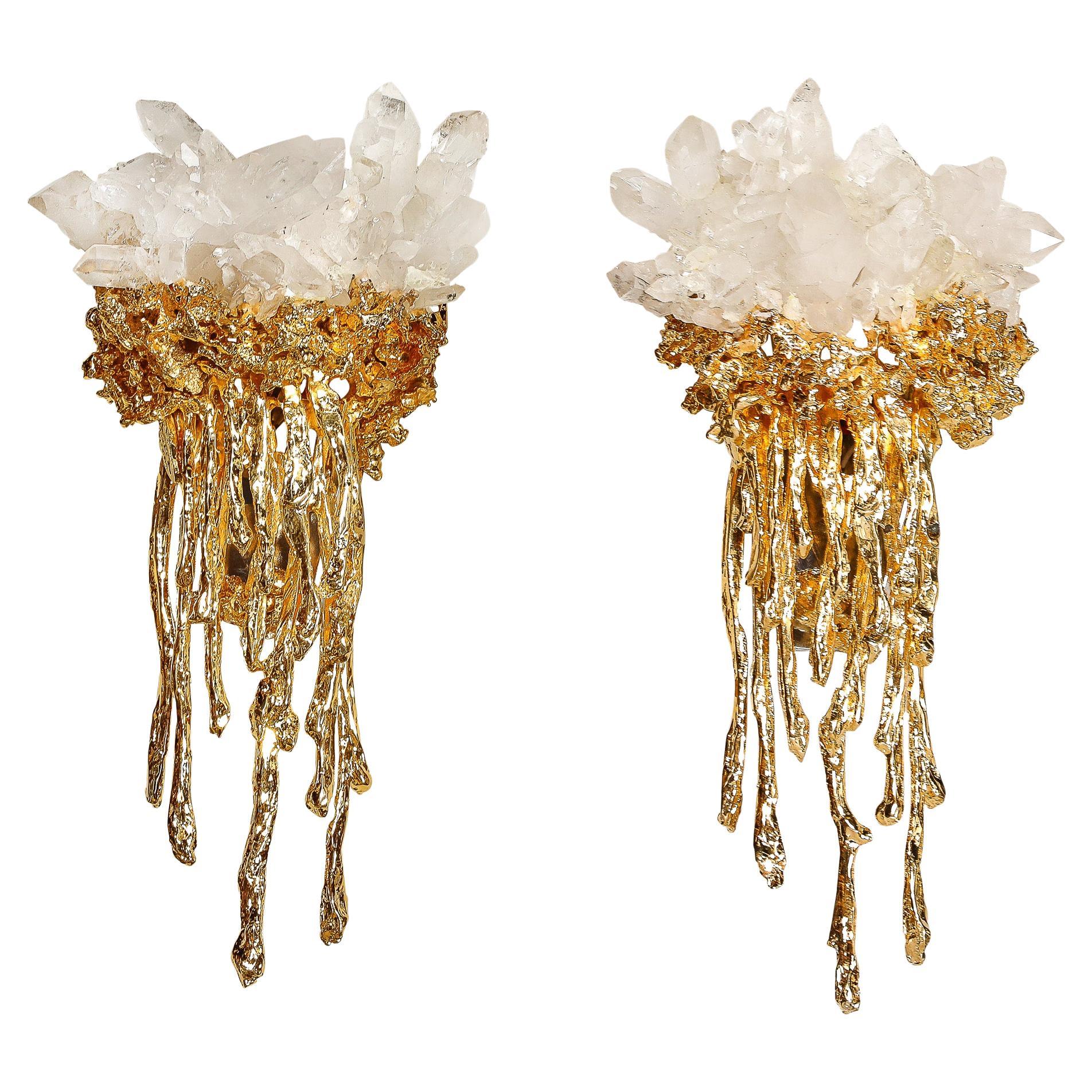 Pair of Modernist Sconces in Exploded 24K Gilt Bronze & Crystal by Claude Boeltz