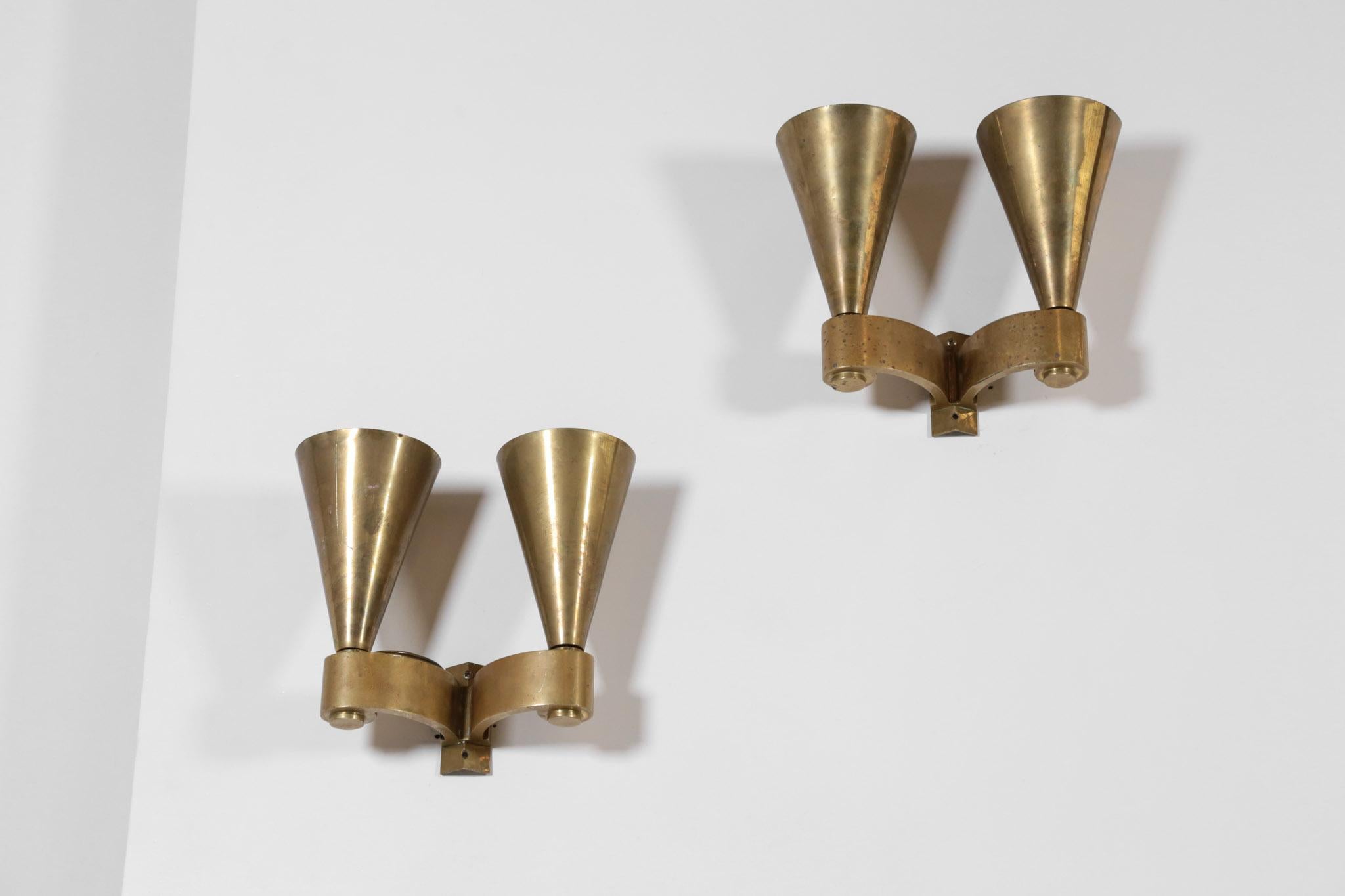 Brass Pair of Modernist Sconces, Jacques Quinet Style, 1940s