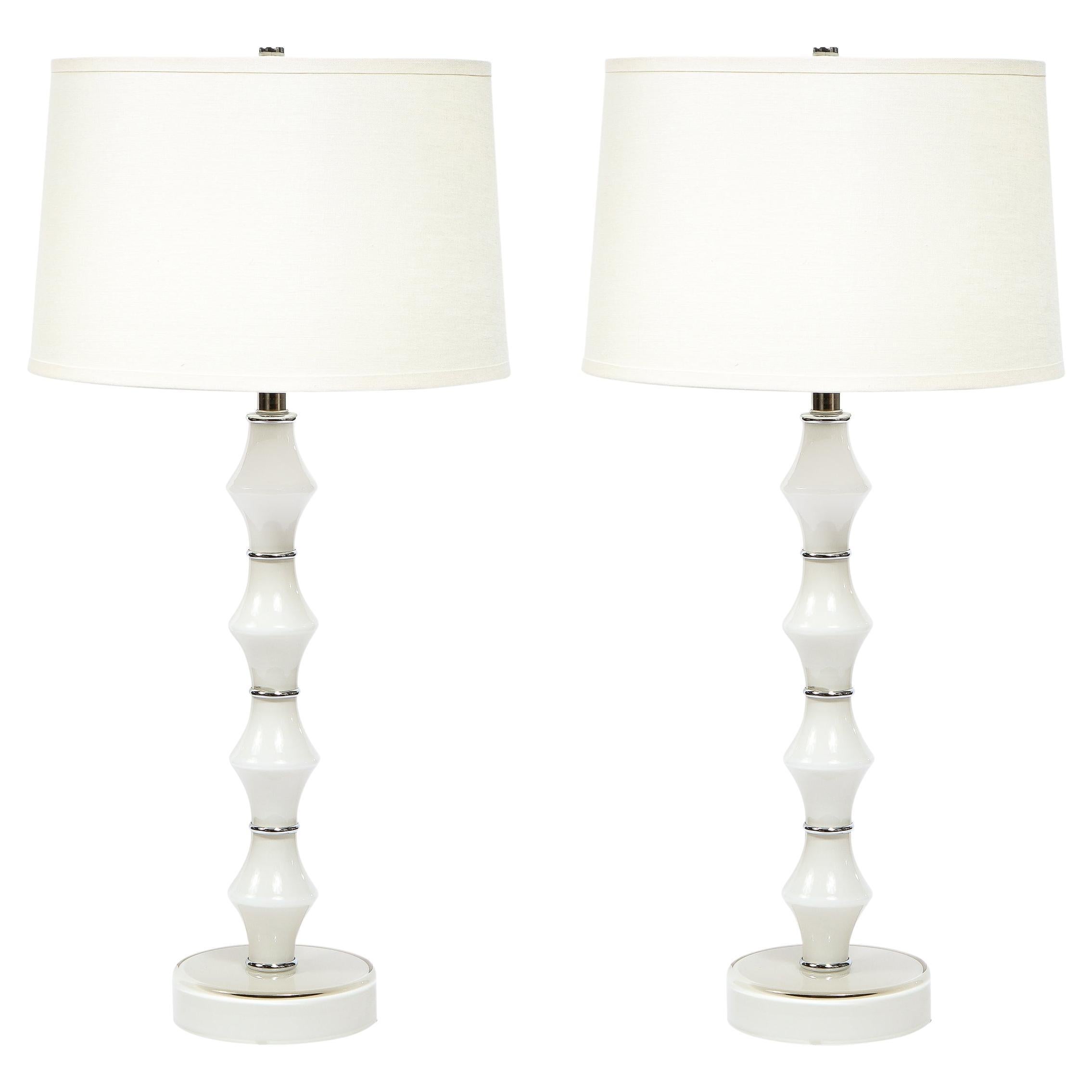 Pair of Modernist Sculptural Hand Blown Murano Pearl Glass & Chrome Table Lamps For Sale