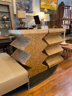 Pair of Modernist Sculptural Tessellated Side Tables in Travertine Stone Finish