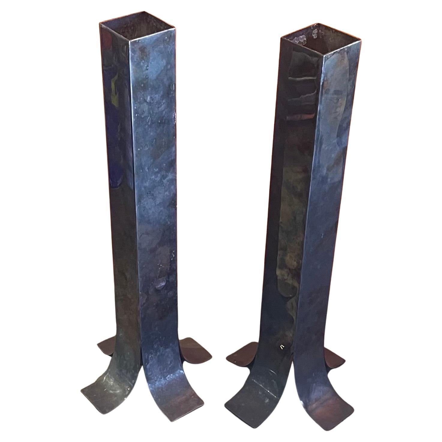 Argentine Pair of Modernist Silverplate Candle Holders / Vases by Plata Lappas For Sale