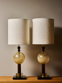 Pair of Modernist Smoked Glass Globe Table Lamps with Black Sphere Accents