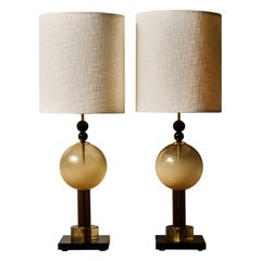 Pair of Modernist Smoked Glass Globe Table Lamps with Black Sphere Accents