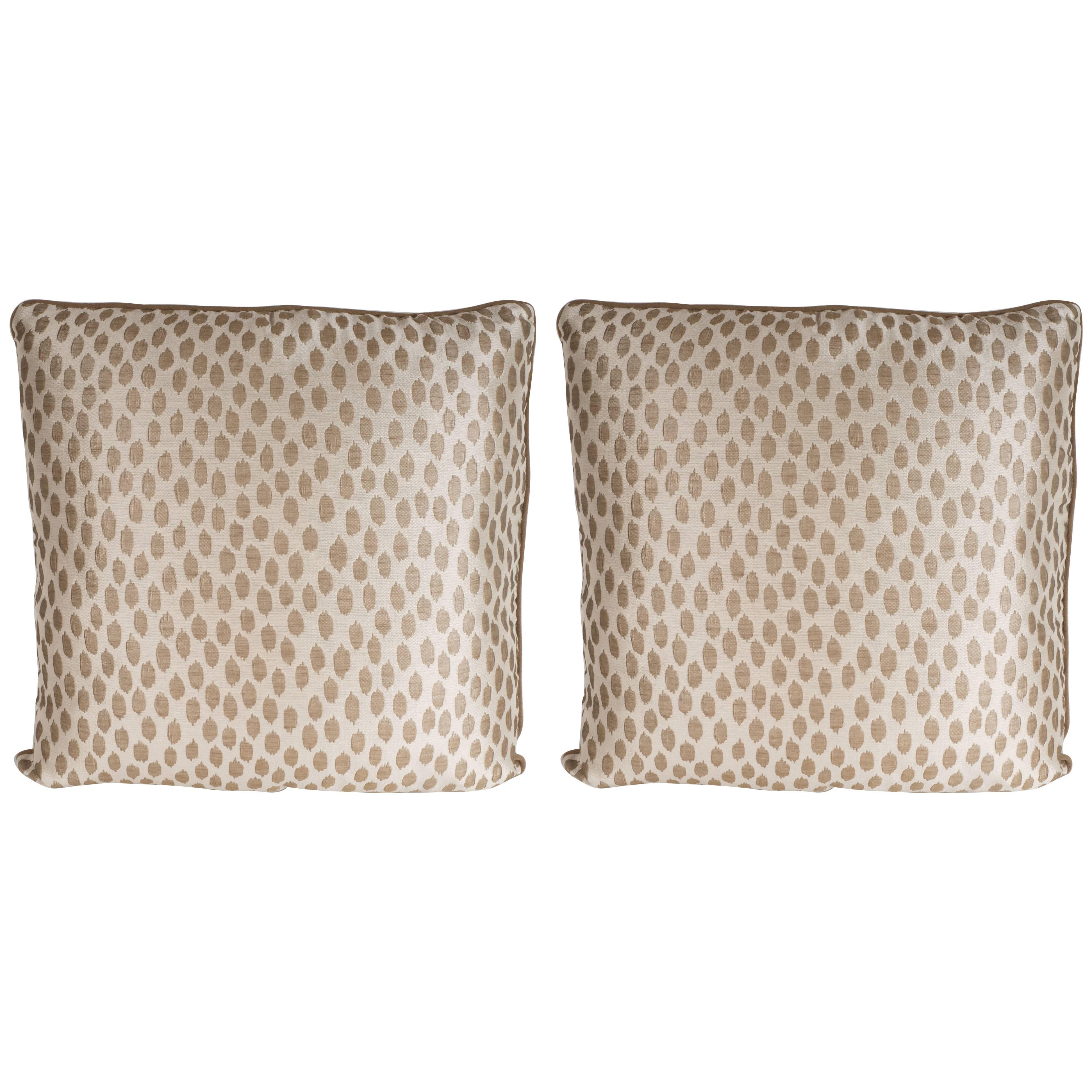 Pair of Modernist Square Pillows in Ecru and Muted Gold Tones with Piping Detail