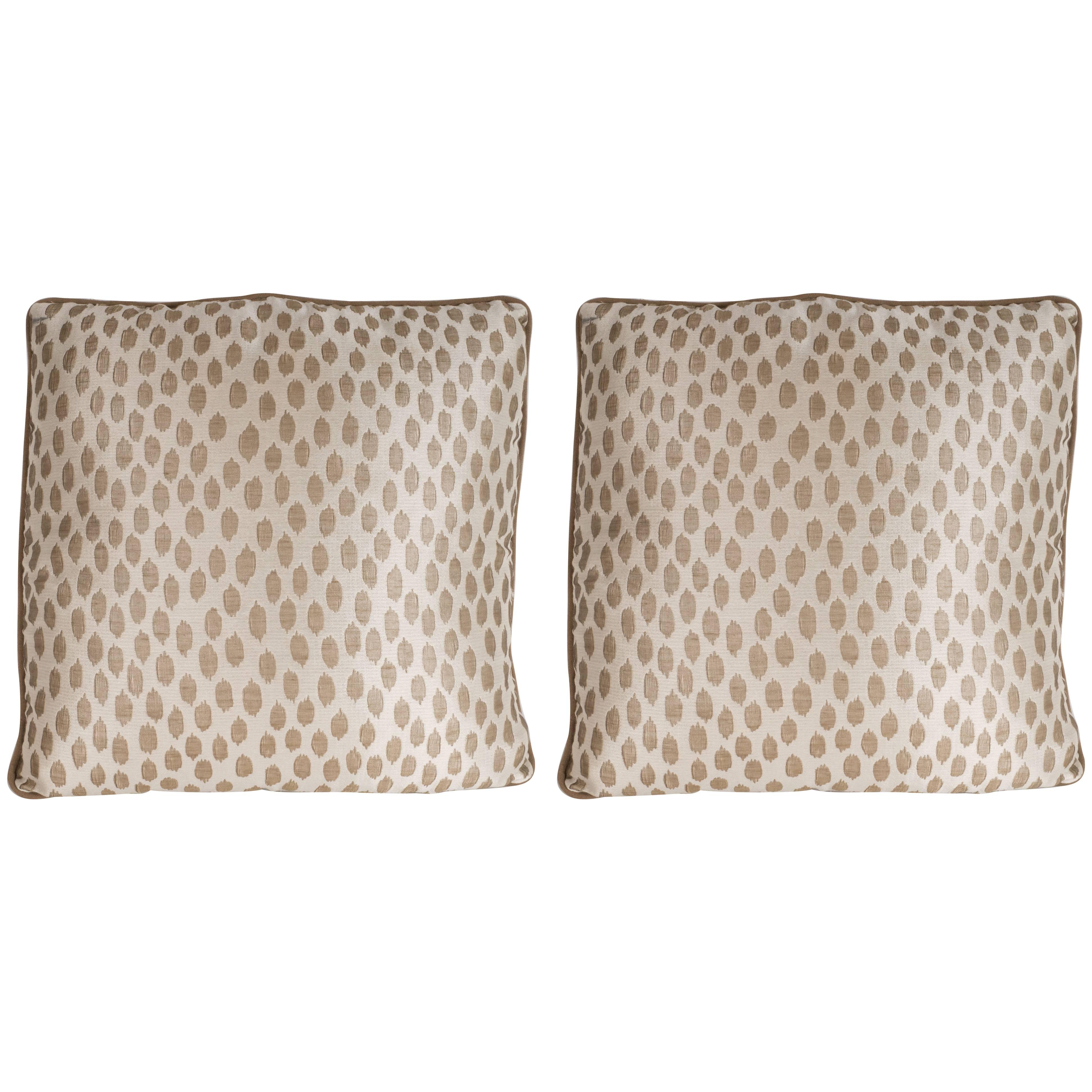 Pair of Modernist Square Pillows in Ecru & Muted Gold Tones with Piping Details