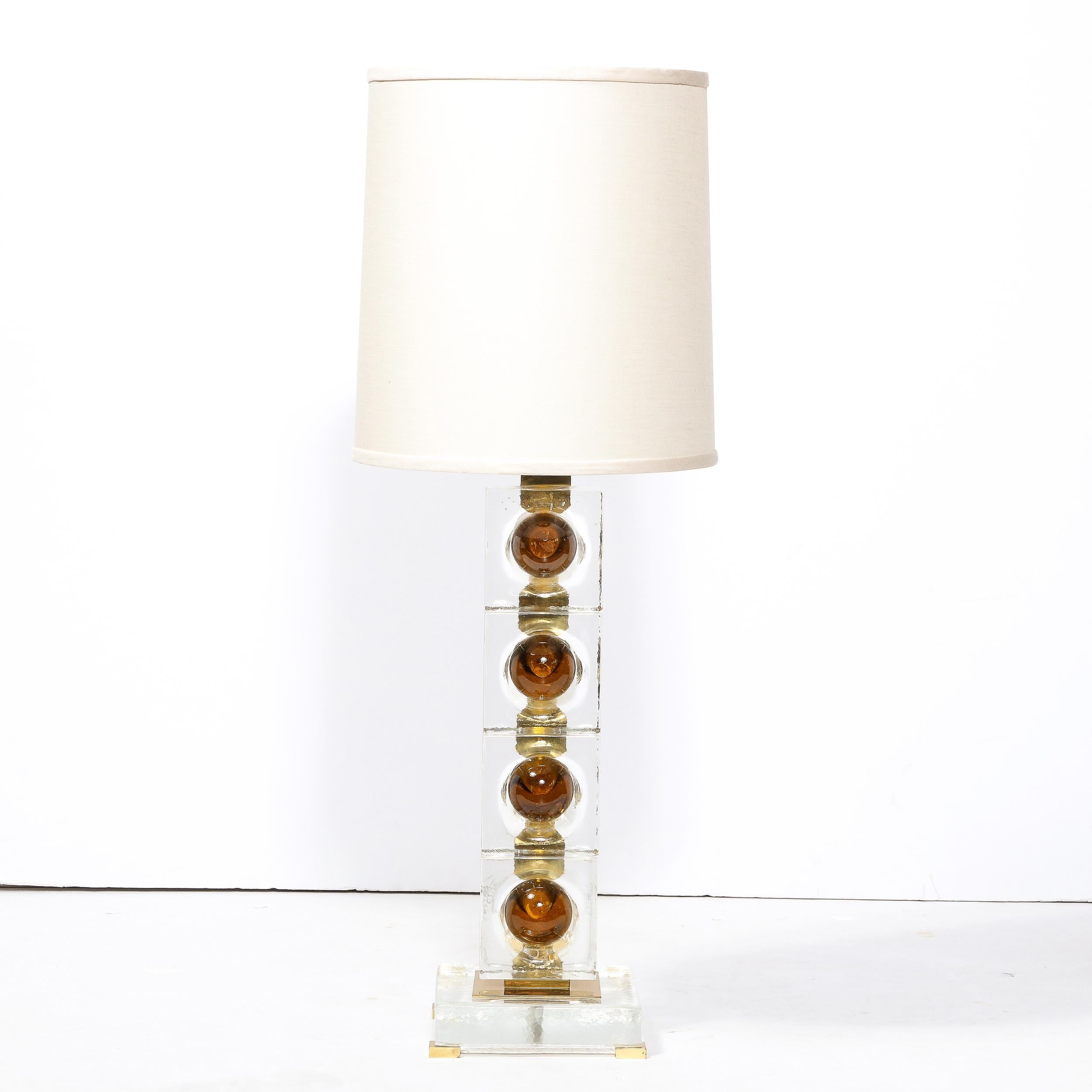 Italian Pair of Modernist Stacked Sphere Table Lamps in Amber & Translucent Murano Glass