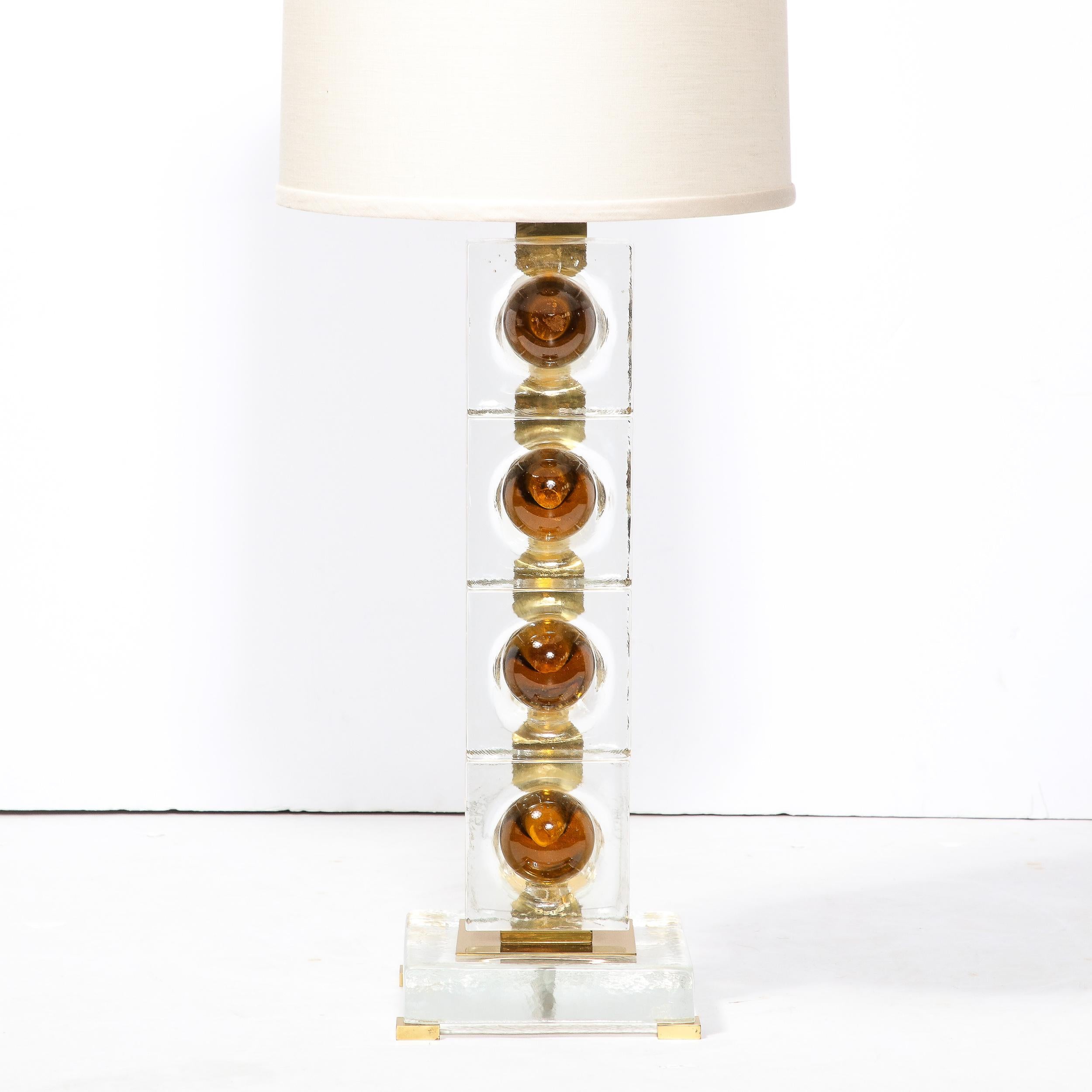 Pair of Modernist Stacked Sphere Table Lamps in Amber & Translucent Murano Glass In Excellent Condition In New York, NY