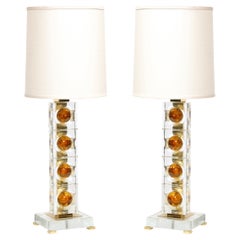 Pair of Modernist Stacked Sphere Table Lamps in Amber & Translucent Murano Glass