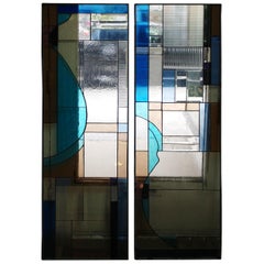 Pair of Modernist Stained and Textured Glass Windows