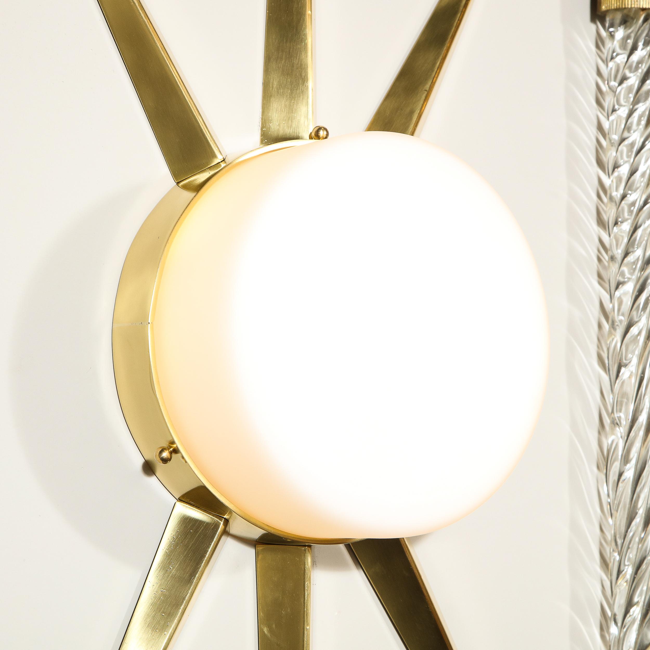 Pair of Modernist Starburst Brass and Hand Blown Murano Frosted Glass Sconces For Sale 5