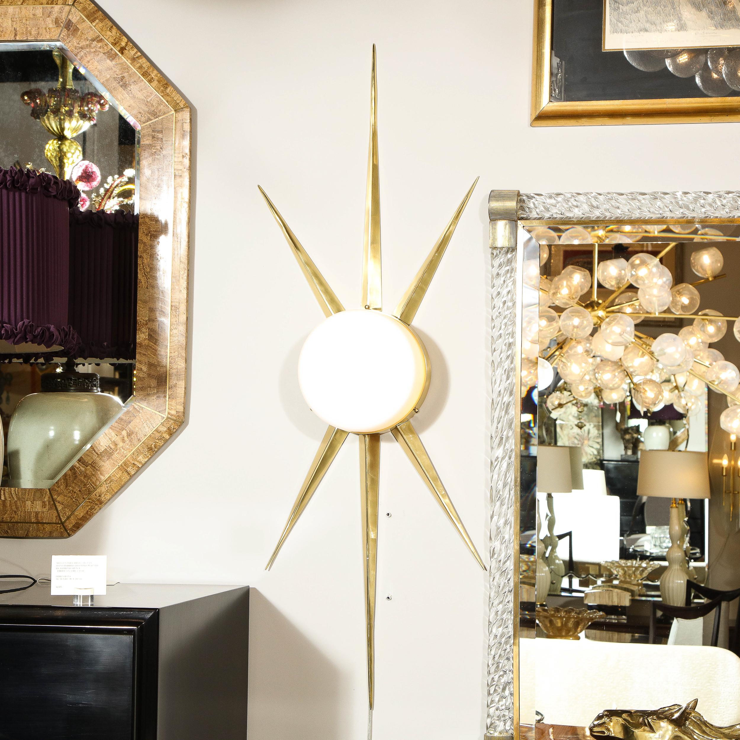 Pair of Modernist Starburst Brass and Hand Blown Murano Frosted Glass Sconces For Sale 7
