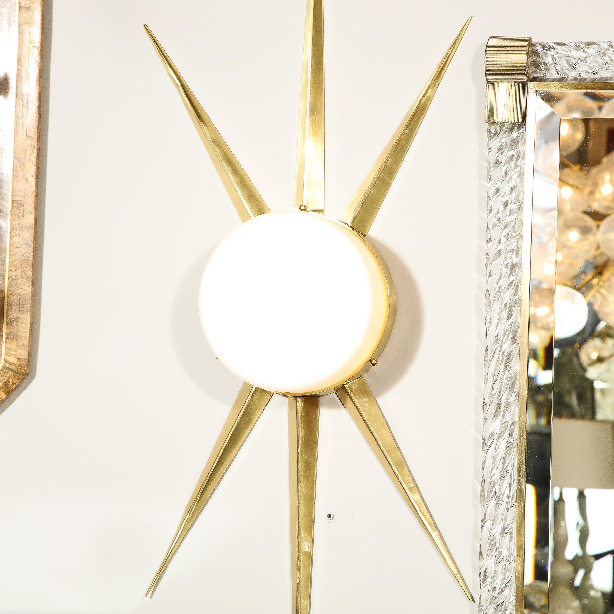 Pair of Modernist Starburst Brass and Hand Blown Murano Frosted Glass Sconces For Sale 8