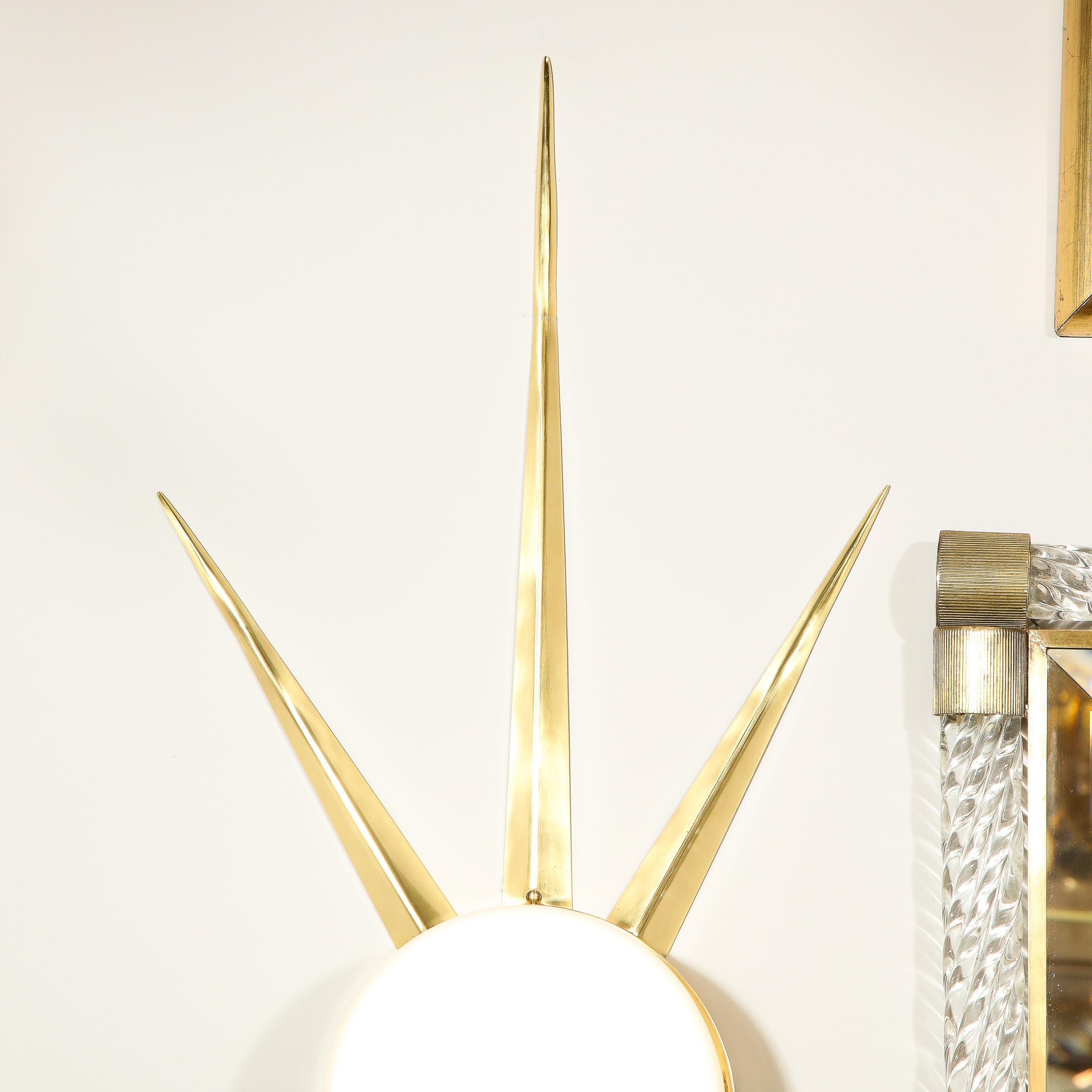Pair of Modernist Starburst Brass and Hand Blown Murano Frosted Glass Sconces For Sale 10