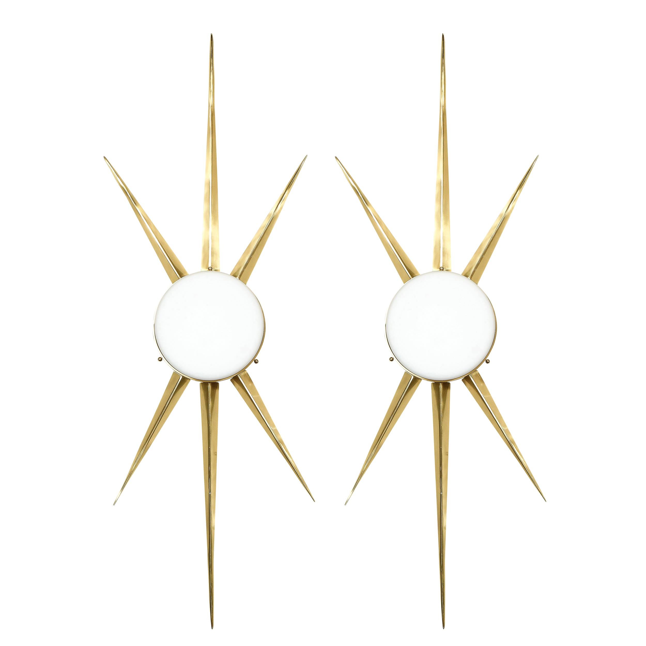 Italian Pair of Modernist Starburst Brass and Hand Blown Murano Frosted Glass Sconces