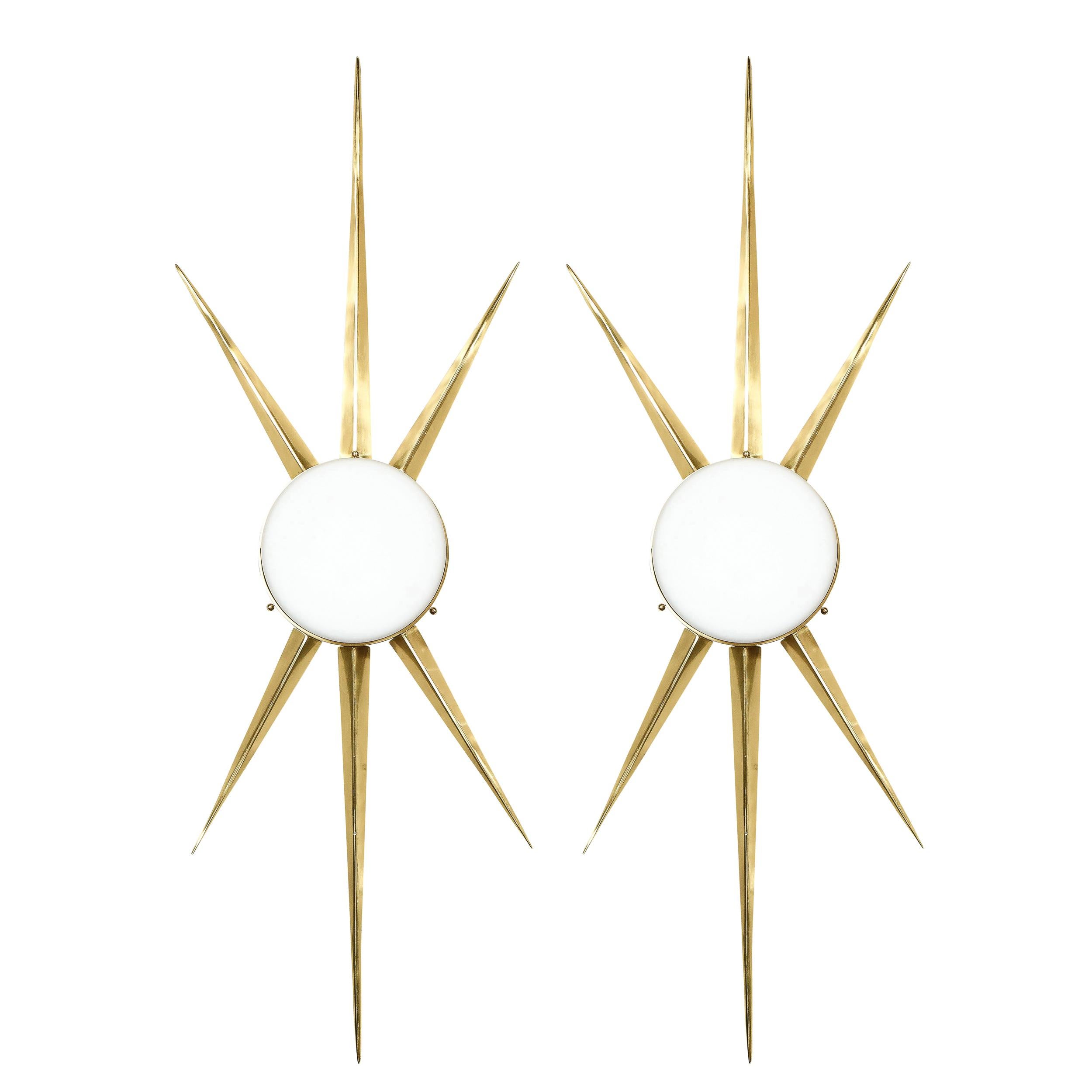 Italian Pair of Modernist Starburst Brass and Hand Blown Murano Frosted Glass Sconces For Sale