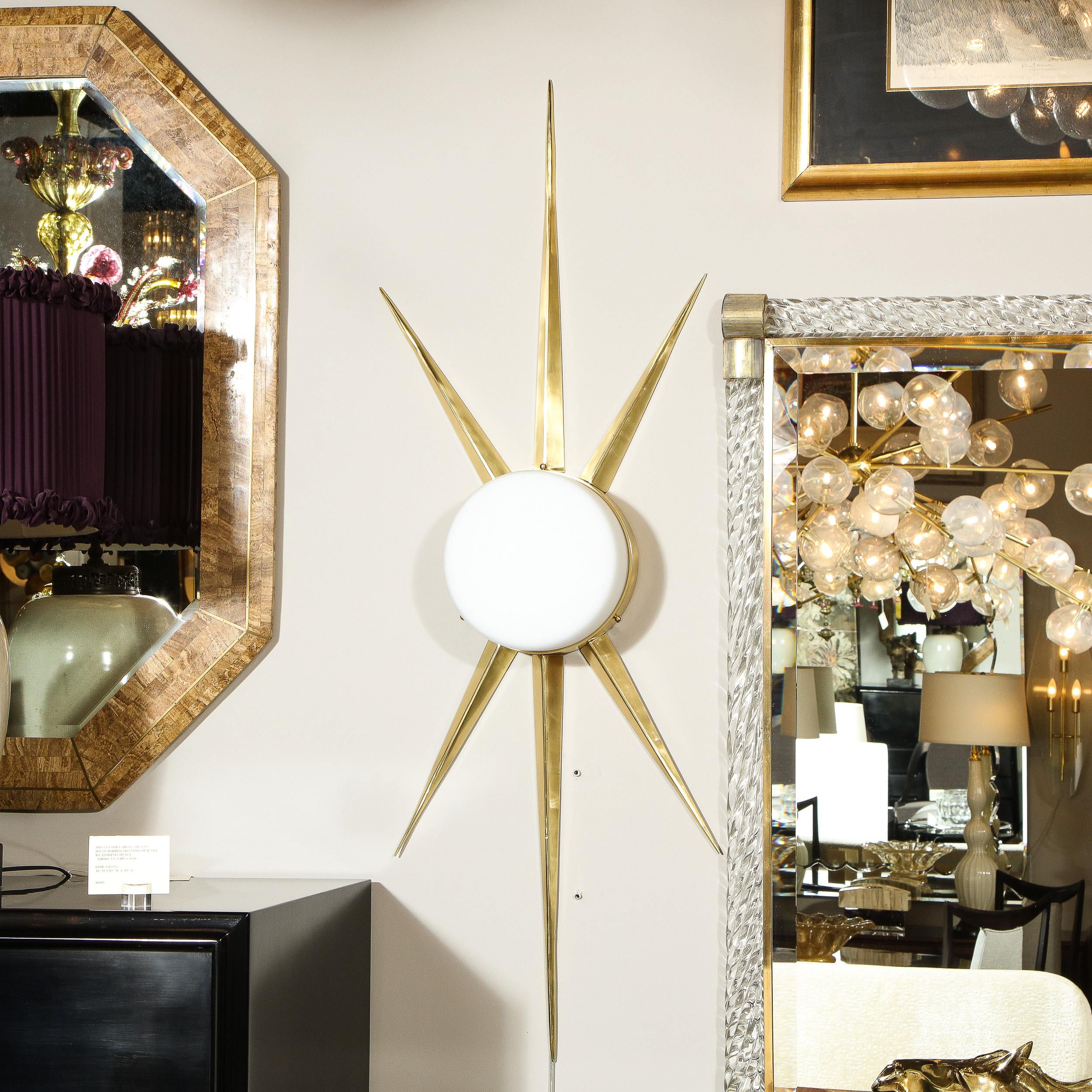 Pair of Modernist Starburst Brass and Hand Blown Murano Frosted Glass Sconces In New Condition For Sale In New York, NY