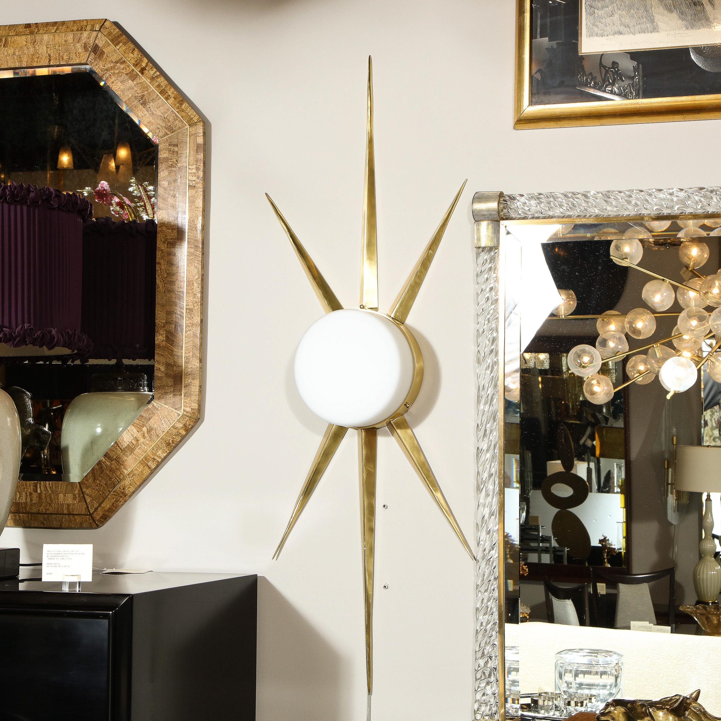 Contemporary Pair of Modernist Starburst Brass and Hand Blown Murano Frosted Glass Sconces For Sale