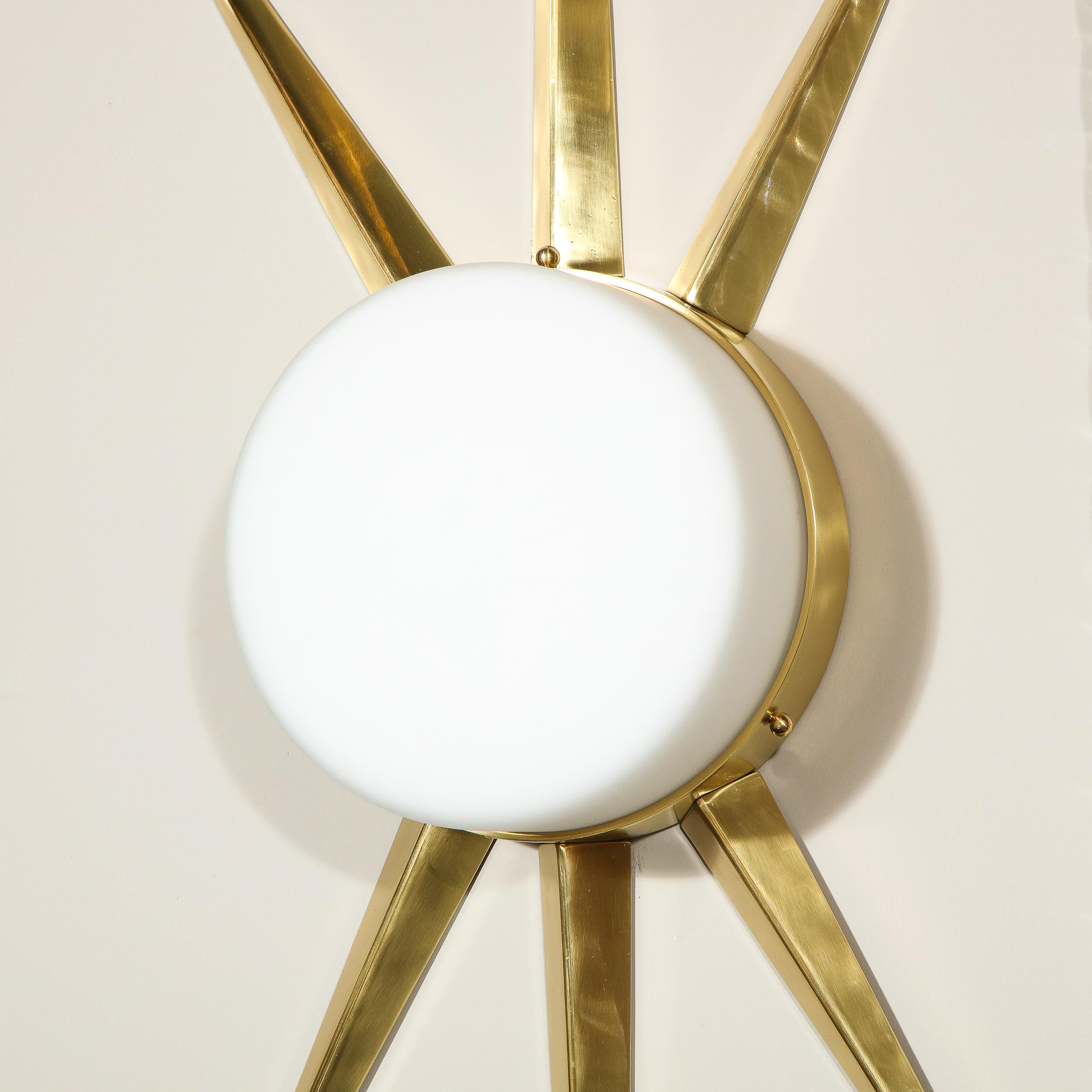 Pair of Modernist Starburst Brass and Hand Blown Murano Frosted Glass Sconces For Sale 1