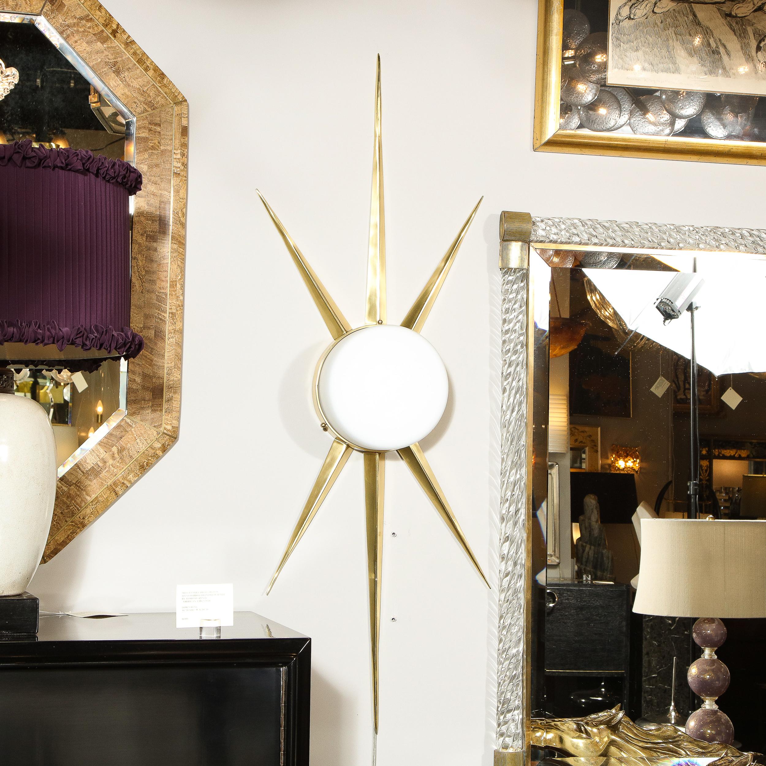 Pair of Modernist Starburst Brass and Hand Blown Murano Frosted Glass Sconces For Sale 4