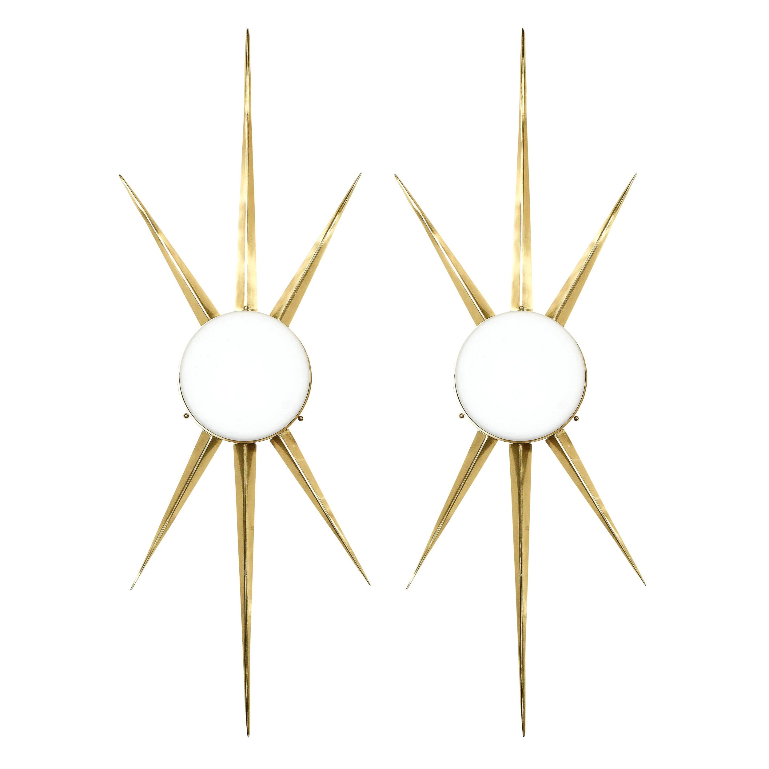 Pair of Modernist Starburst Brass and Hand Blown Murano Frosted Glass Sconces