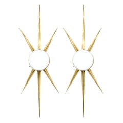 Pair of Modernist Starburst Brass and Hand Blown Murano Frosted Glass Sconces