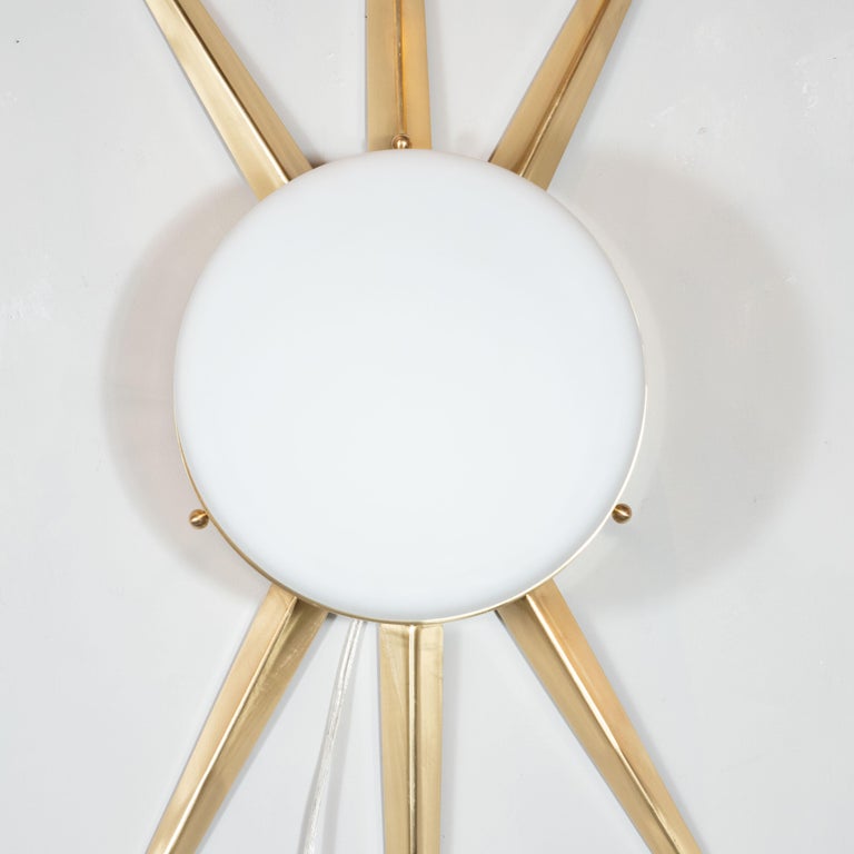 Italian Pair of Modernist Starburst Brass and Hand Blown Murano Frosted Glass Sconces For Sale