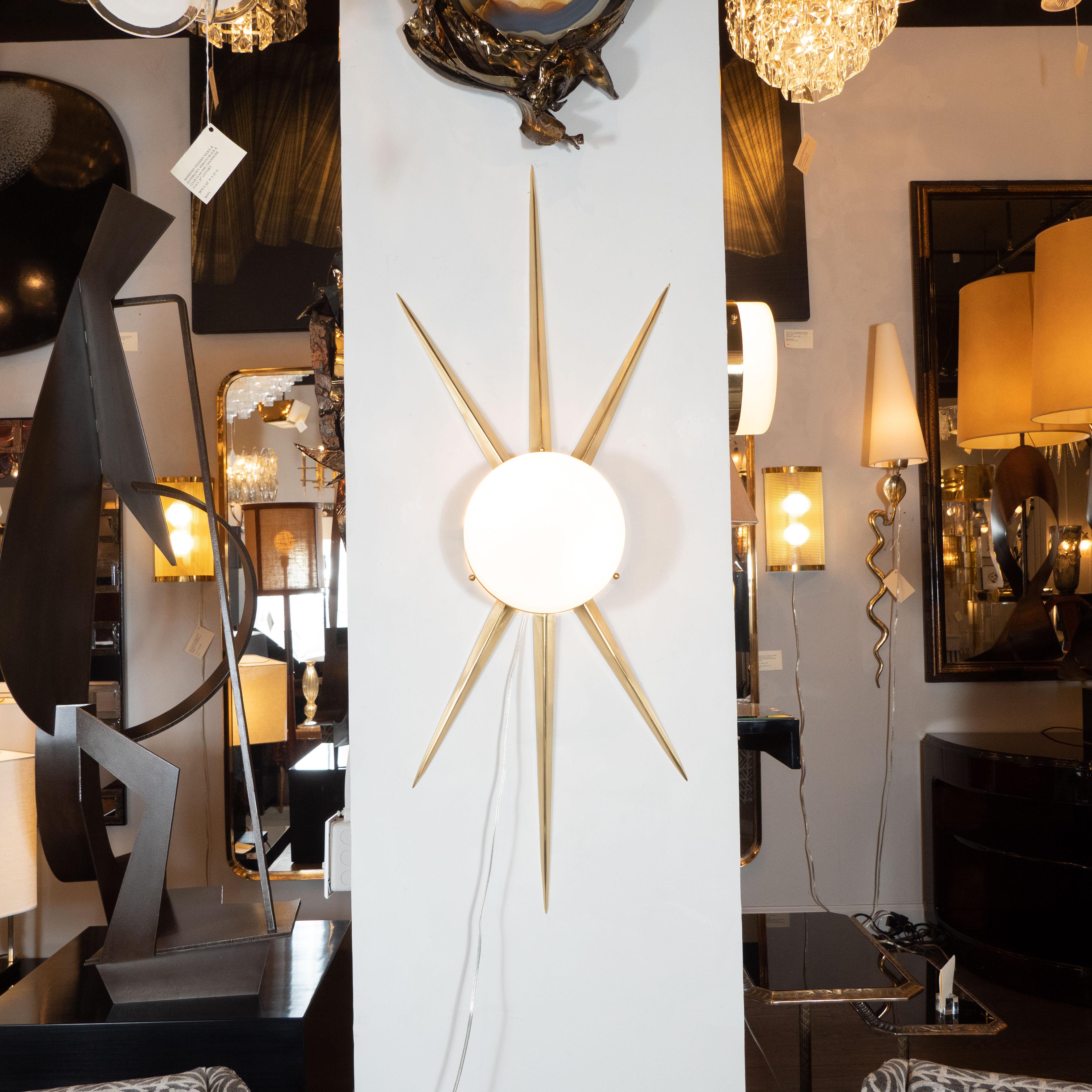 Pair of Modernist Starburst Brass and Hand Blown Murano Frosted Glass Sconces In Excellent Condition For Sale In New York, NY