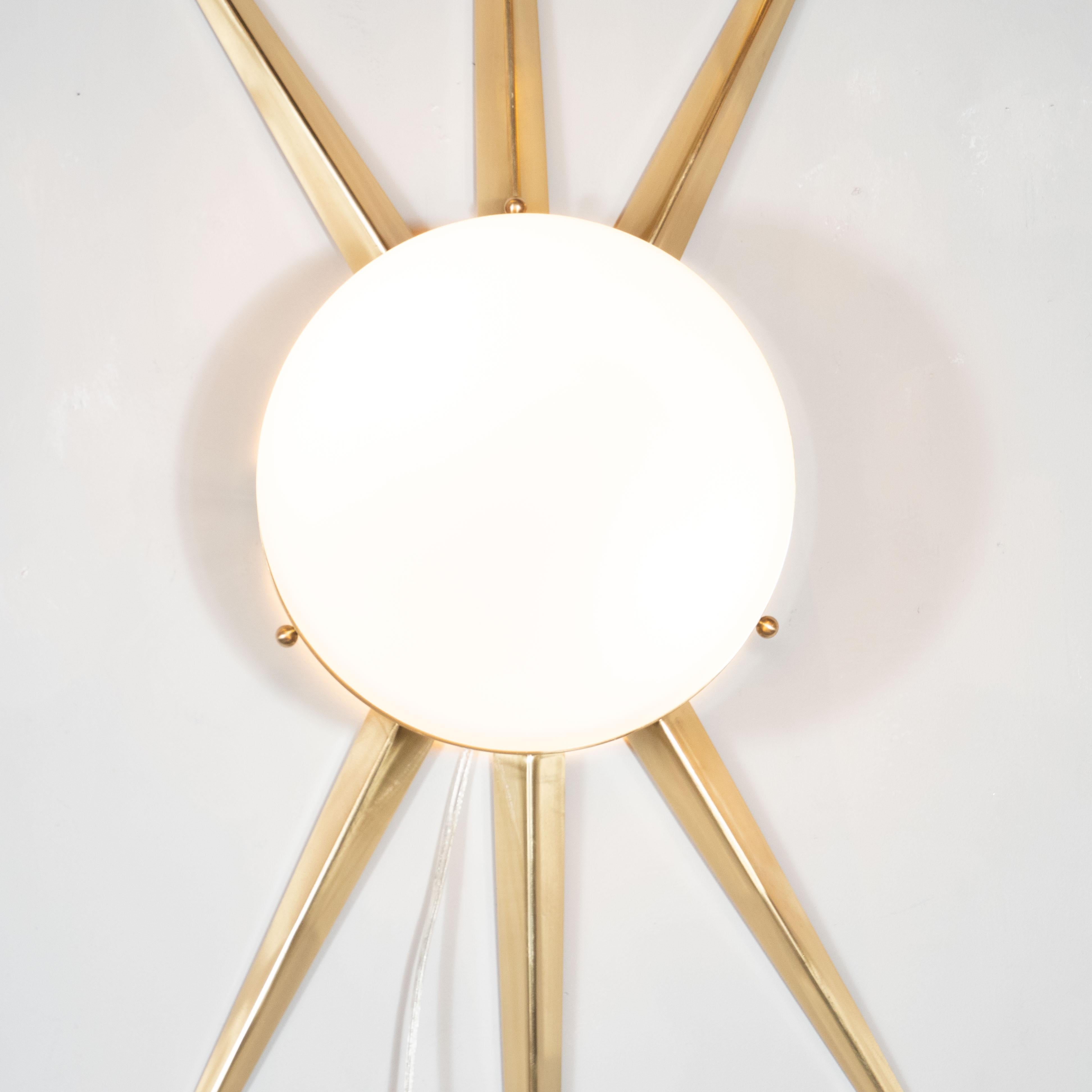 Contemporary Pair of Modernist Starburst Brass and Hand Blown Murano Frosted Glass Sconces For Sale