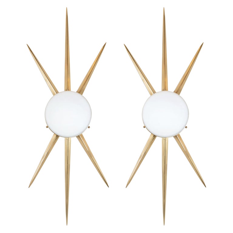 Pair of Modernist Starburst Brass and Hand Blown Murano Frosted Glass Sconces For Sale