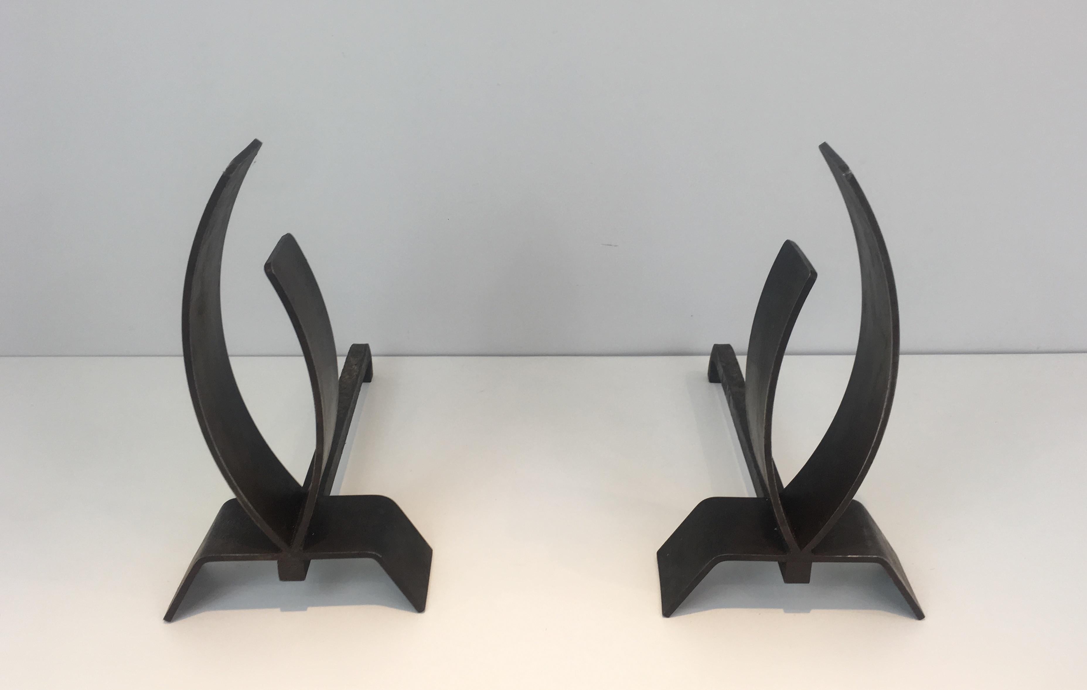 Pair of Modernist Steel and Iron Andirons 12