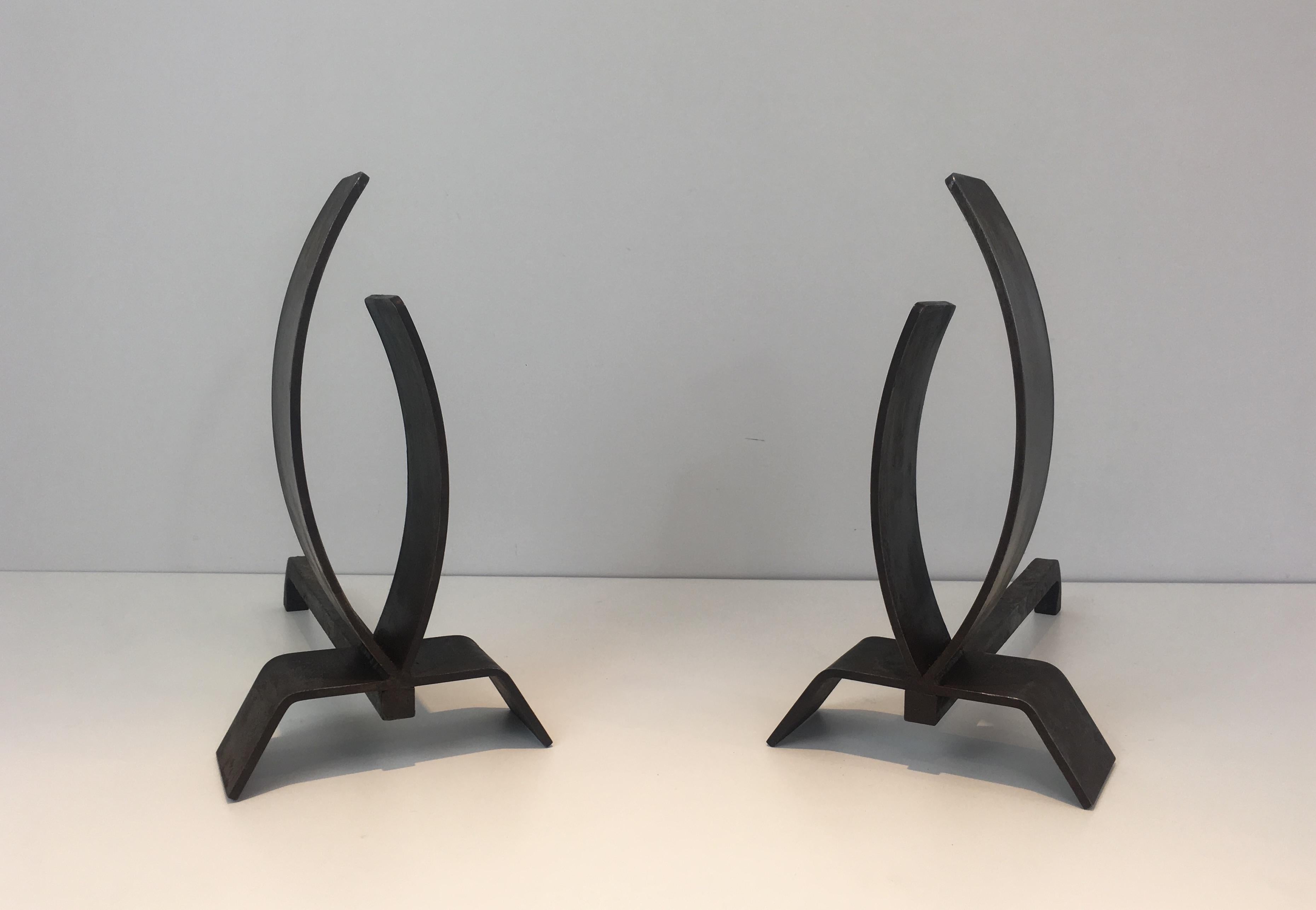 Pair of Modernist Steel and Iron Andirons 14