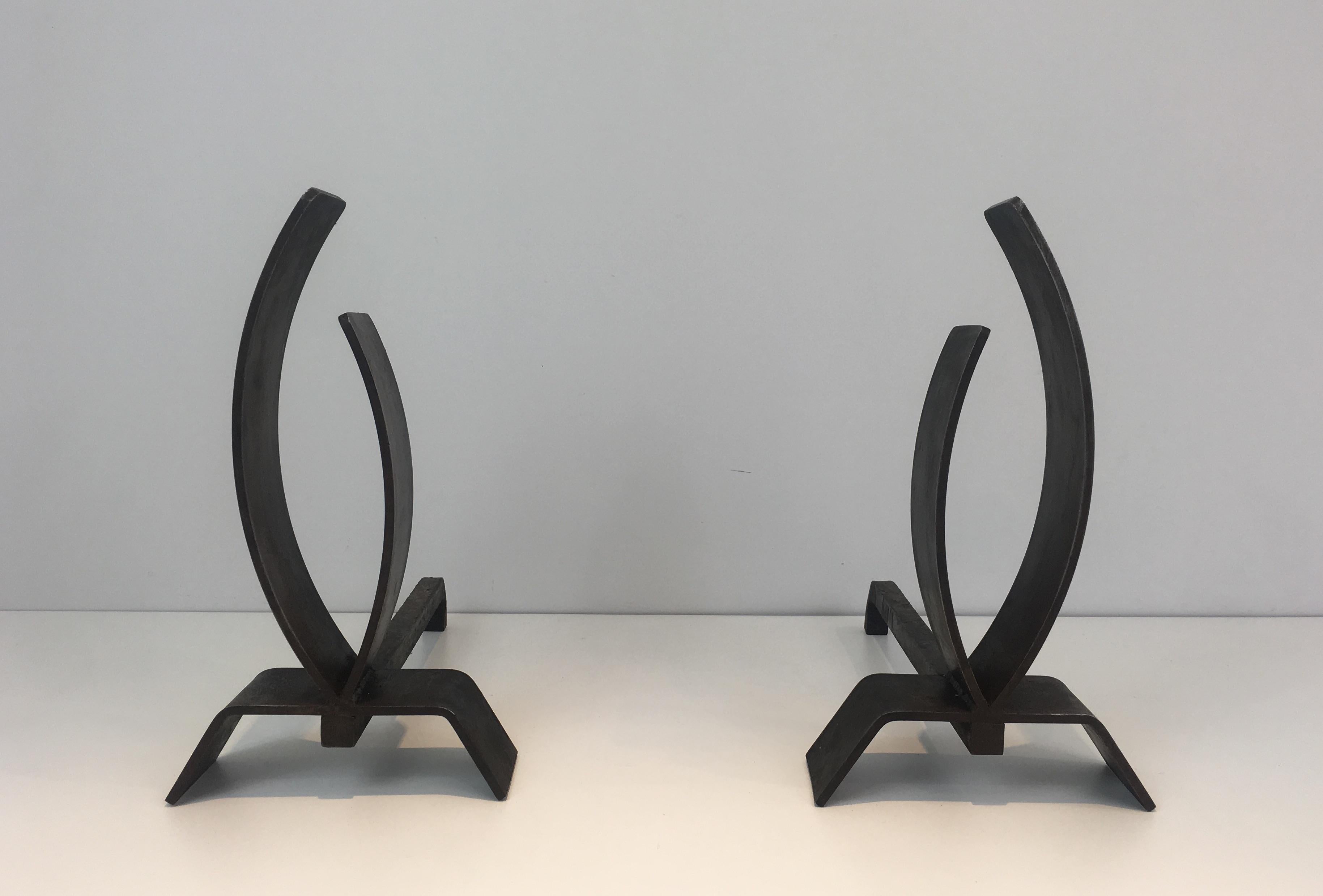 Mid-Century Modern Pair of Modernist Steel and Iron Andirons