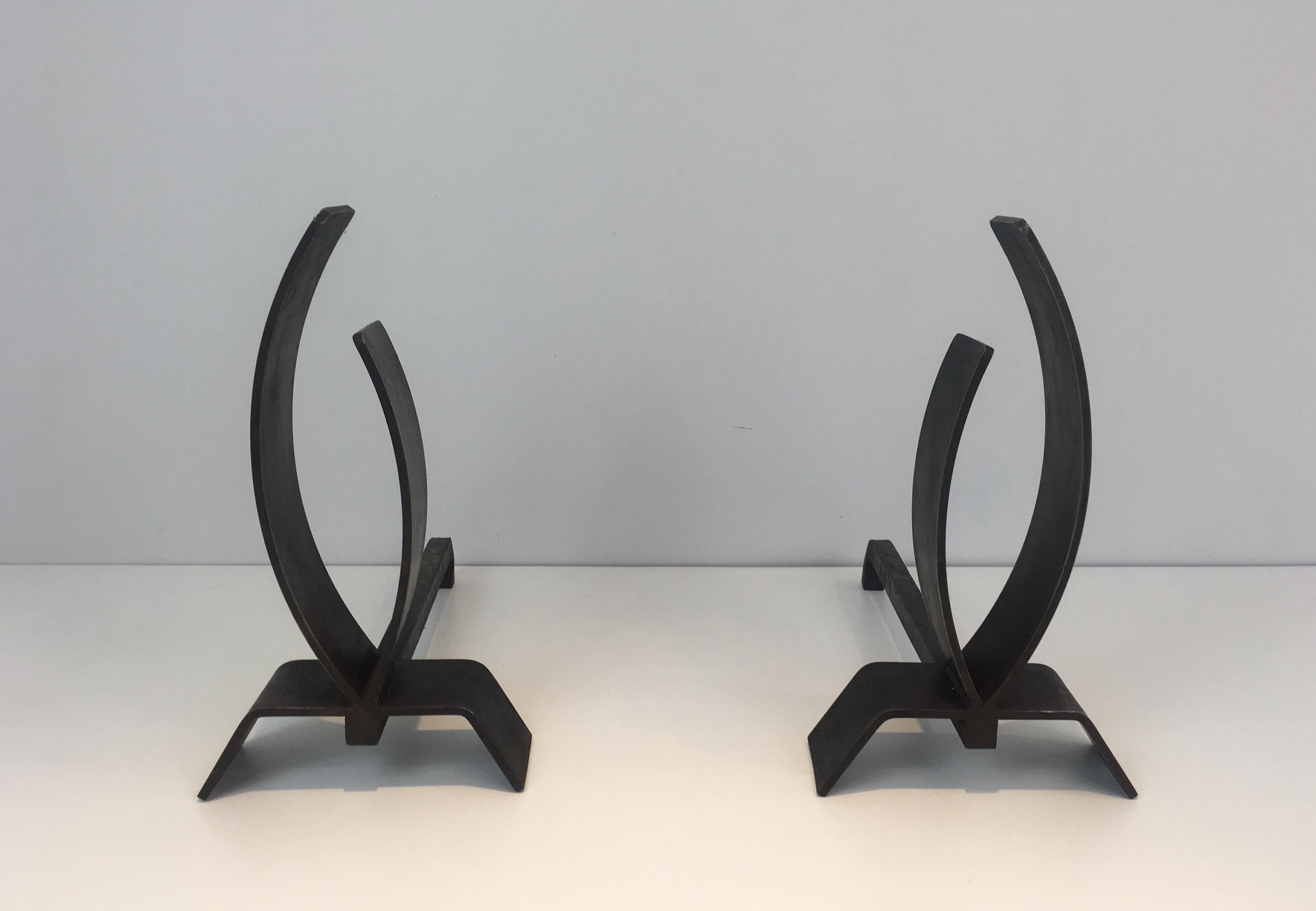 French Pair of Modernist Steel and Iron Andirons