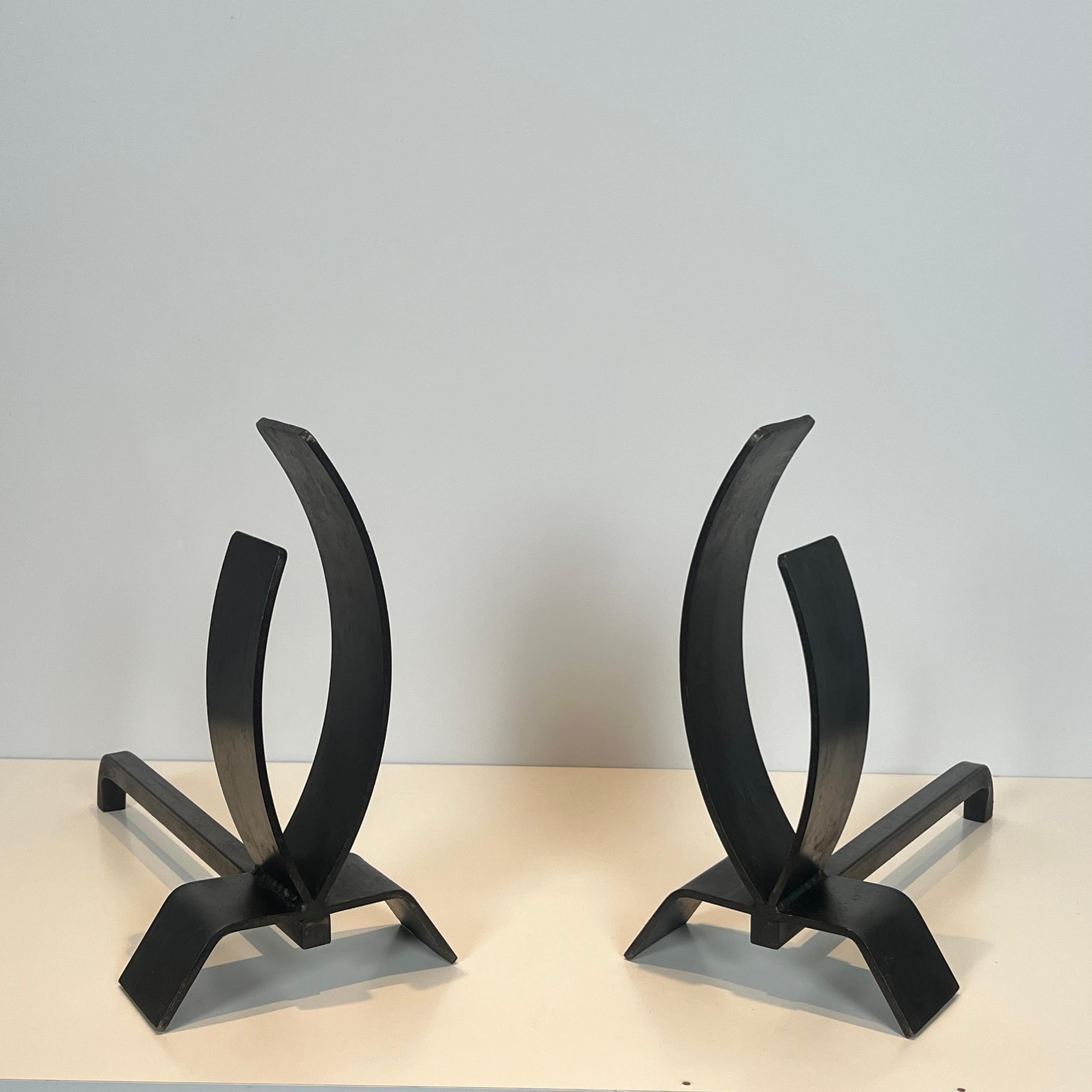 Francese Pair of Modernist Steel and Iron Andirons in vendita