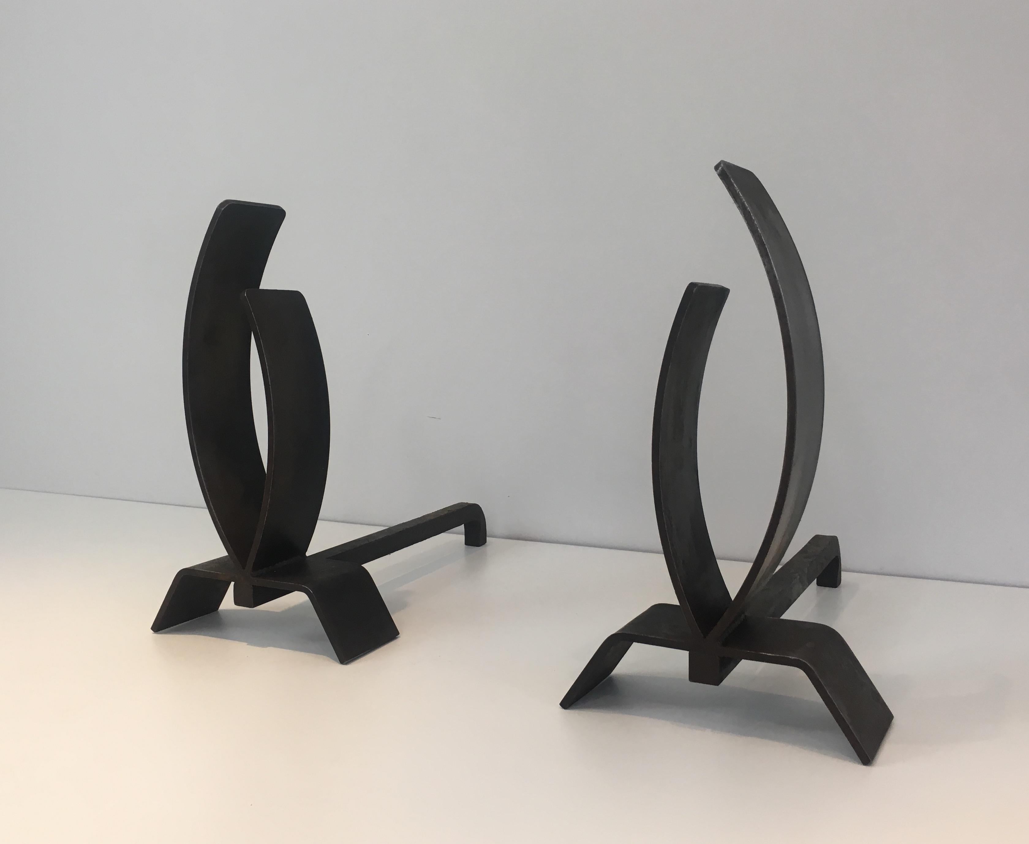 Late 20th Century Pair of Modernist Steel and Iron Andirons