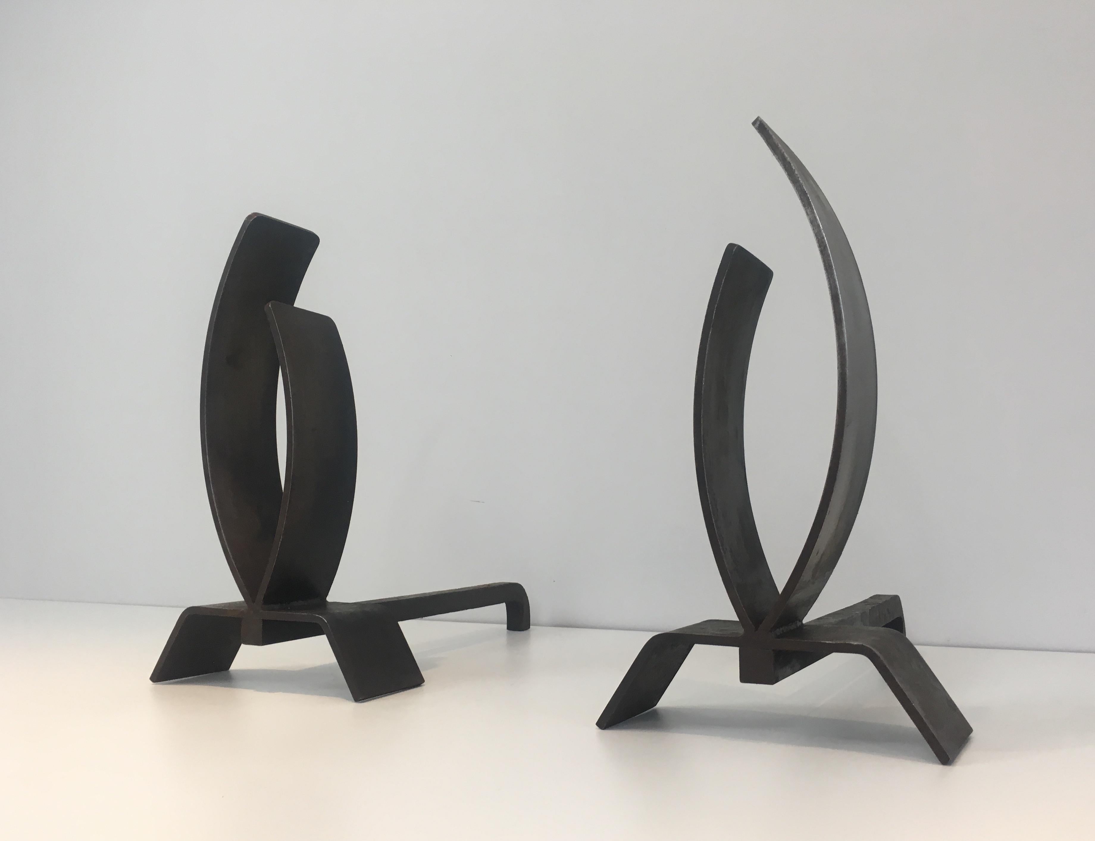 Pair of Modernist Steel and Iron Andirons 1