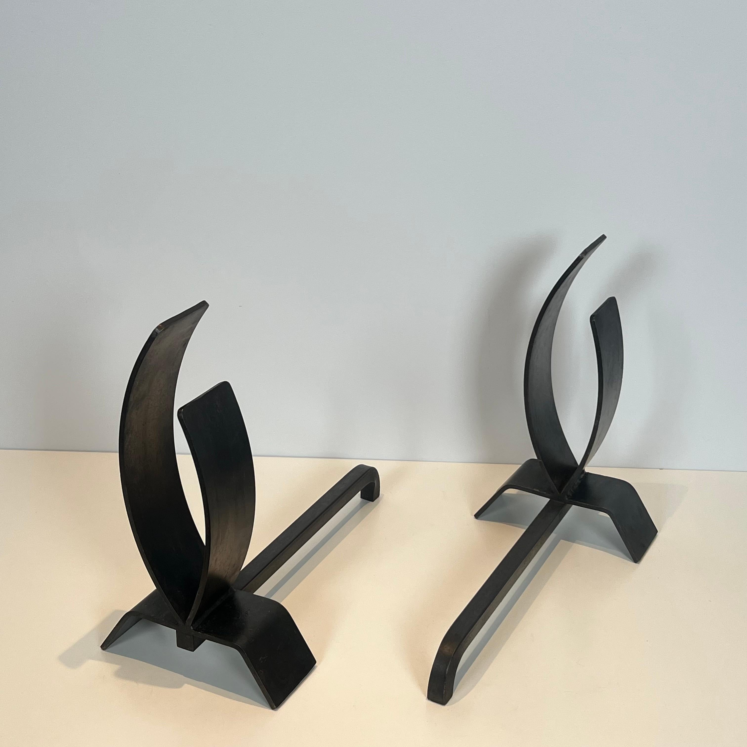 Acciaio Pair of Modernist Steel and Iron Andirons in vendita