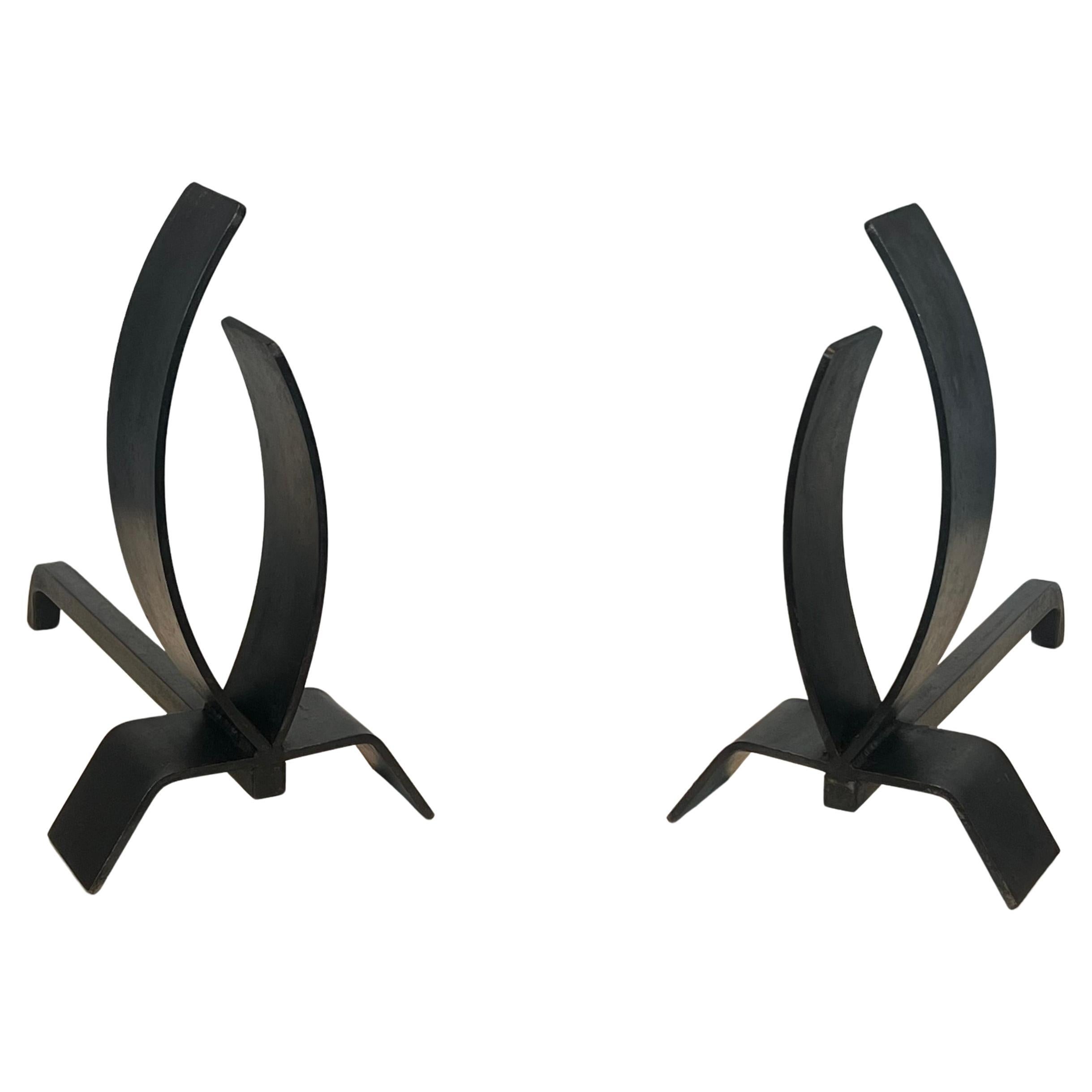 Pair of Modernist Steel and Iron Andirons