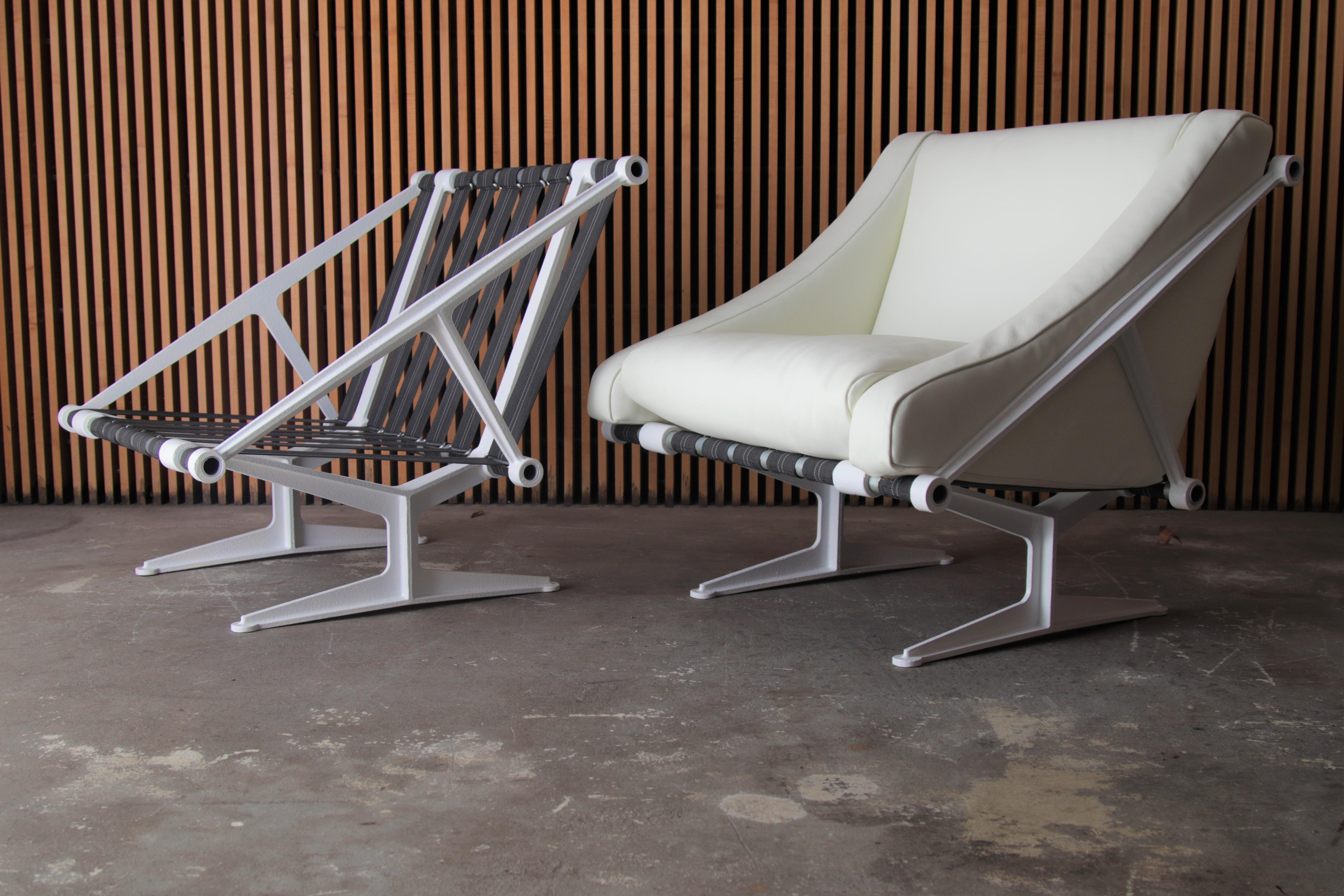 Unknown Pair of Modernist Cast Aluminum and Leather Lounge Chairs after Jean Prouvé