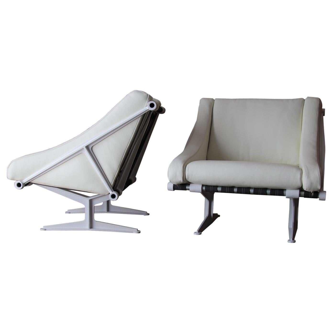 Pair of Modernist Cast Aluminum and Leather Lounge Chairs after Jean Prouvé